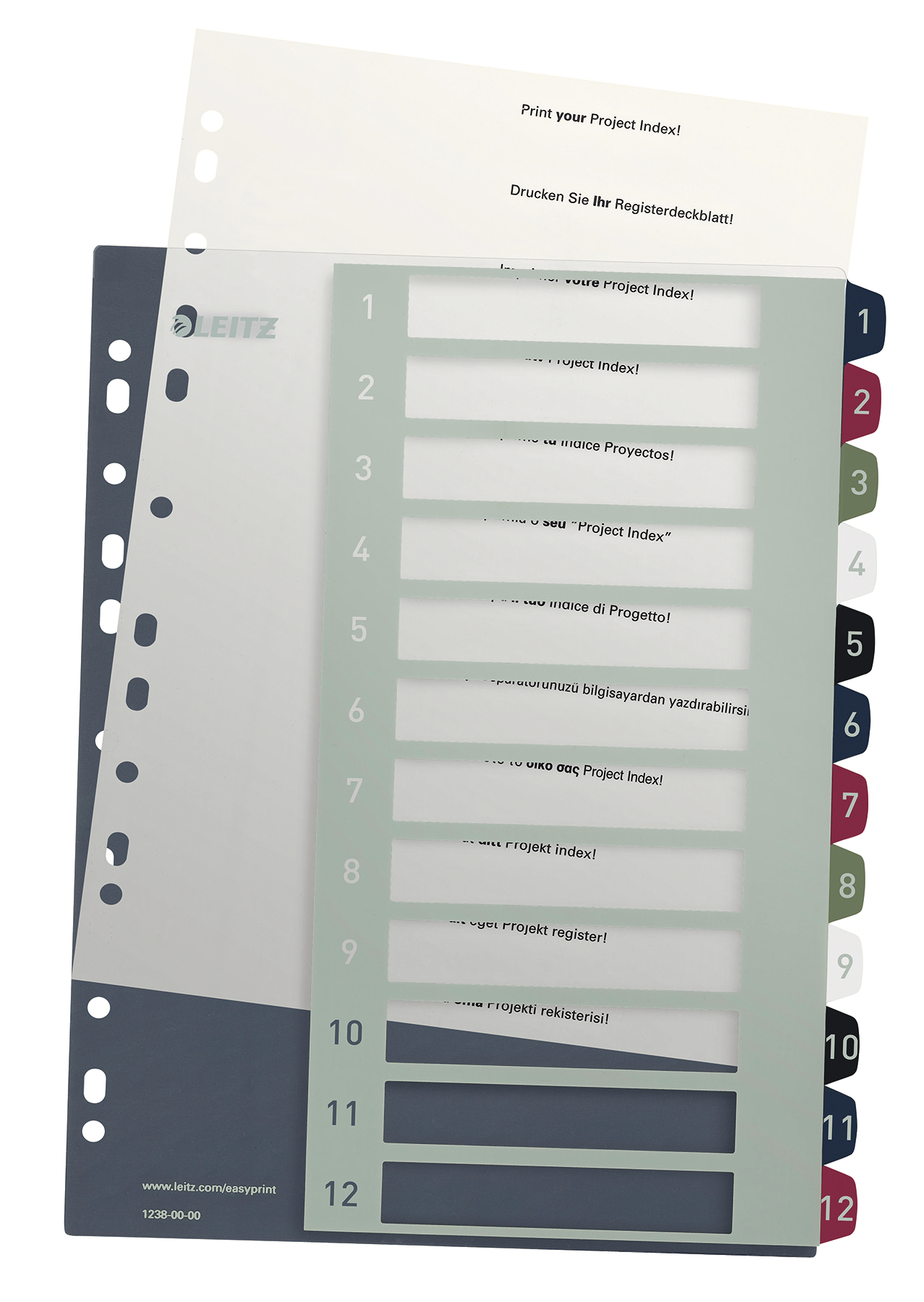 LEITZ Ordnerregister Style DIN A4+ Vollformat, Überbreite 1-12 farbig 12-teilig, 1 Satz