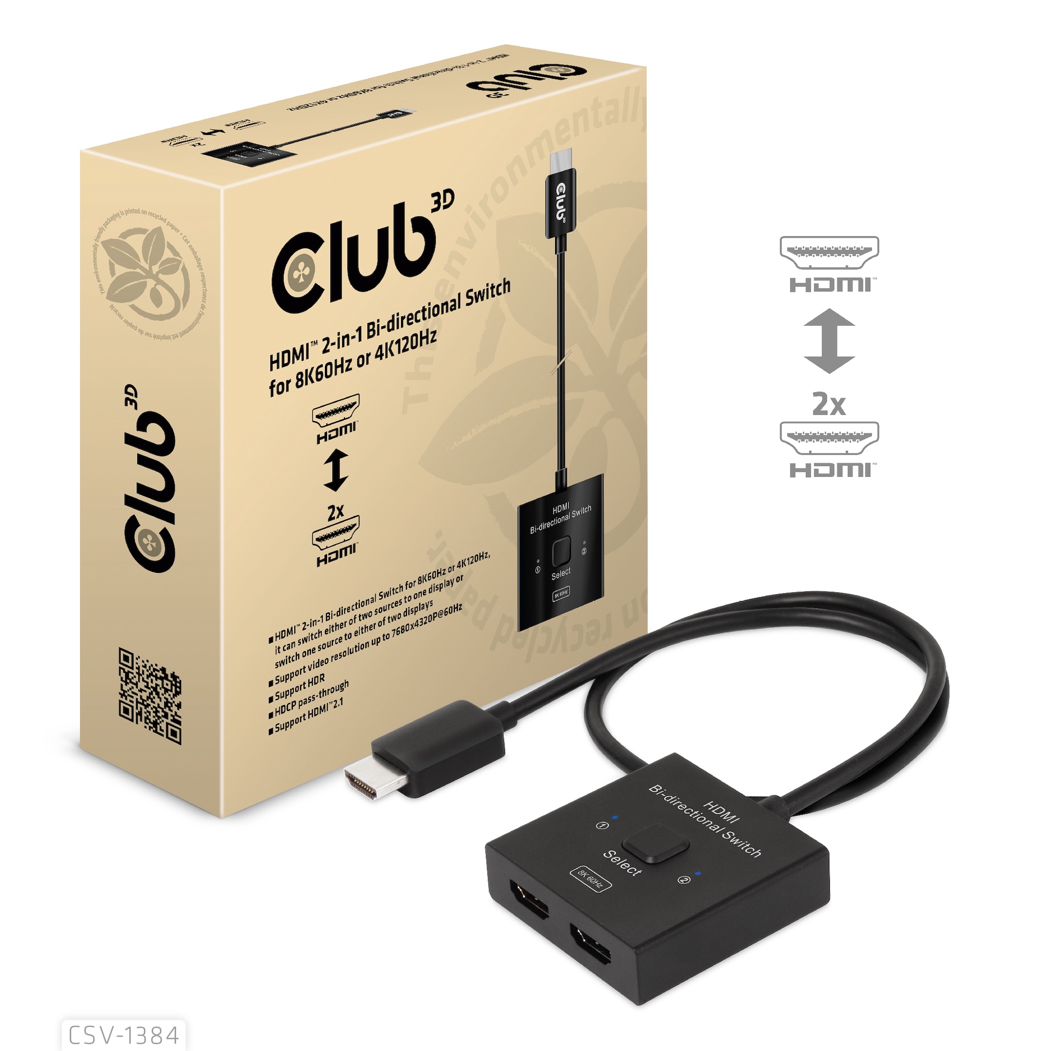 Club3D HDMI Switch 2-in-1 bidirektional 8K60Hz/4K120Hz UHD retail