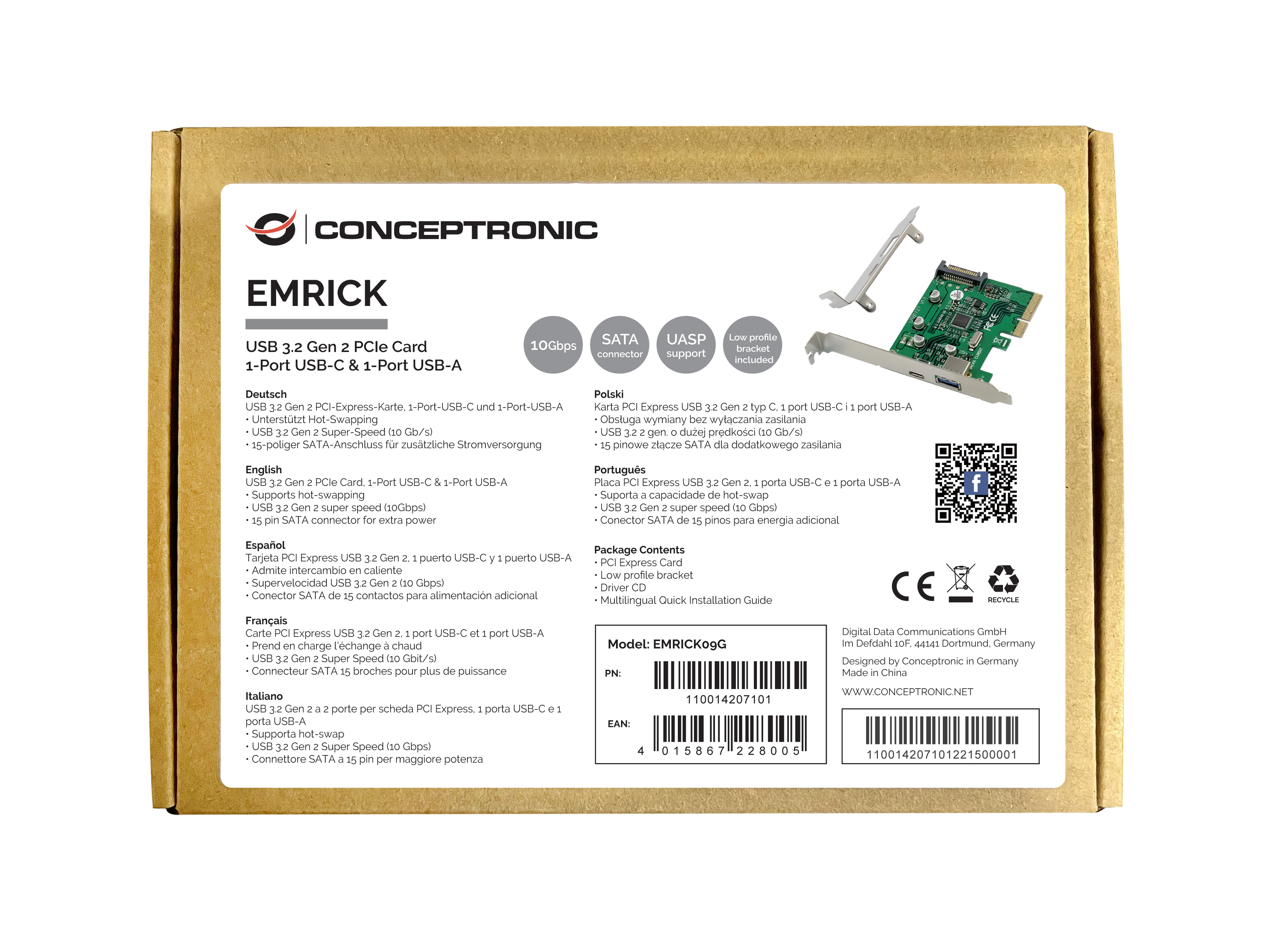 CONCEPTRONIC 4xPCIe3.0 Card USB-C/-A3.2 Gen2 10Gbps