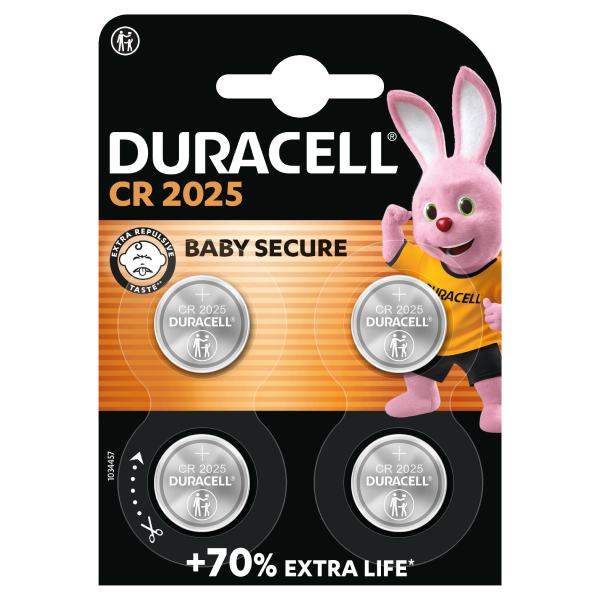 DURACELL Knopfzellen CR 2025 Lithium 3,0 V, 4 St.