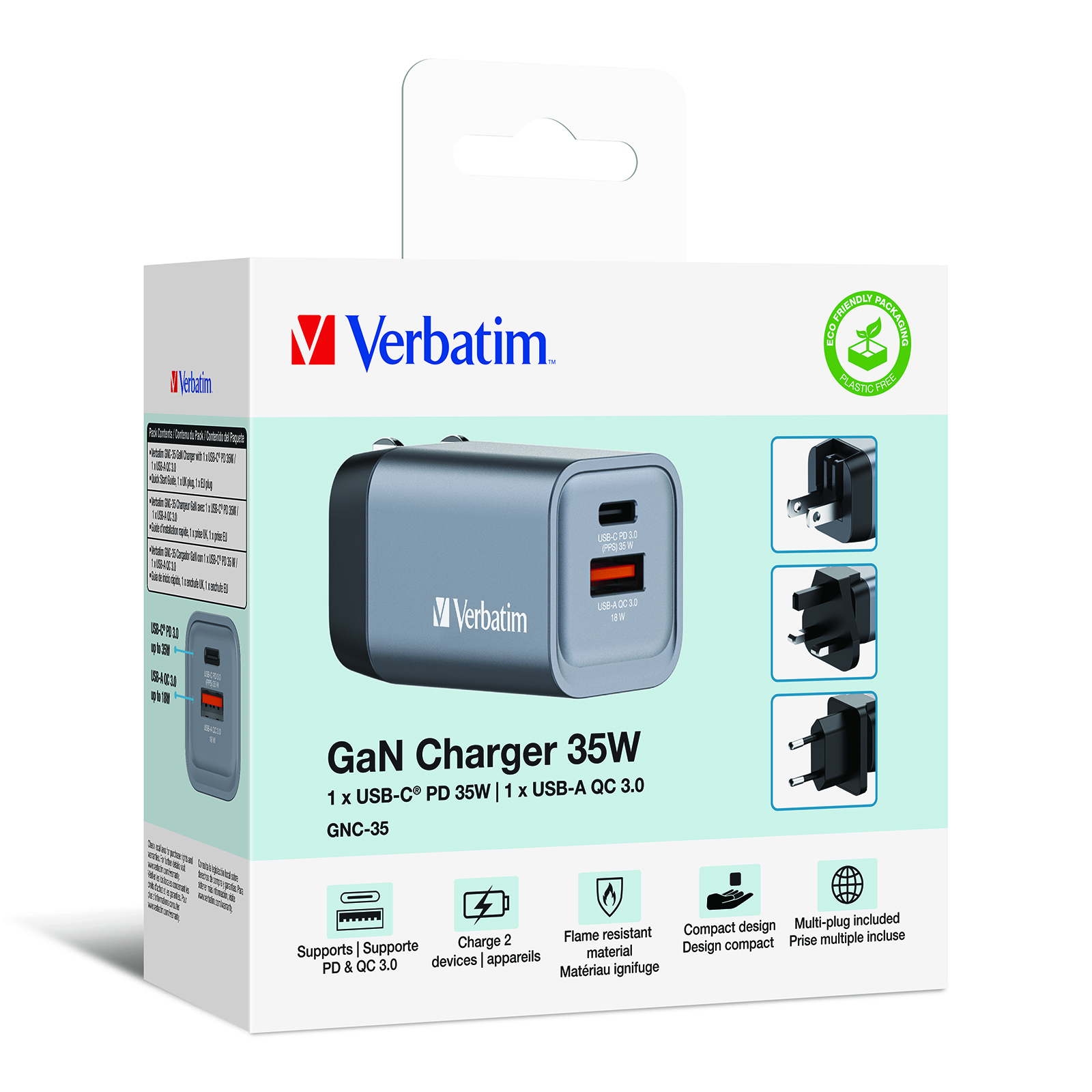 Verbatim GNC-35 GaN Charger 34W 1xUSB-C PD, 1xUSB-A QC 3.0 32200