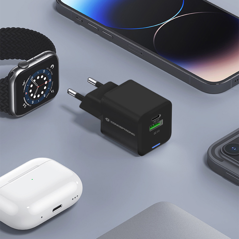 CONCEPTRONIC Ladegerät 2Port GaN USB-C/-A 20WPD3.0/PPS sw