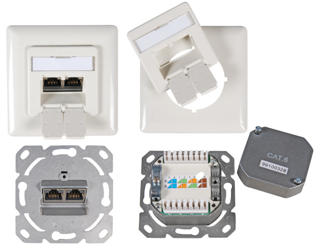 EFB Datendose Cat6 250MHz WEISS oben unten Unterputz 2xRJ45 RAL9010 Class E 5Gbit 40Grad Auslass 8pol LSA Schneidklemme