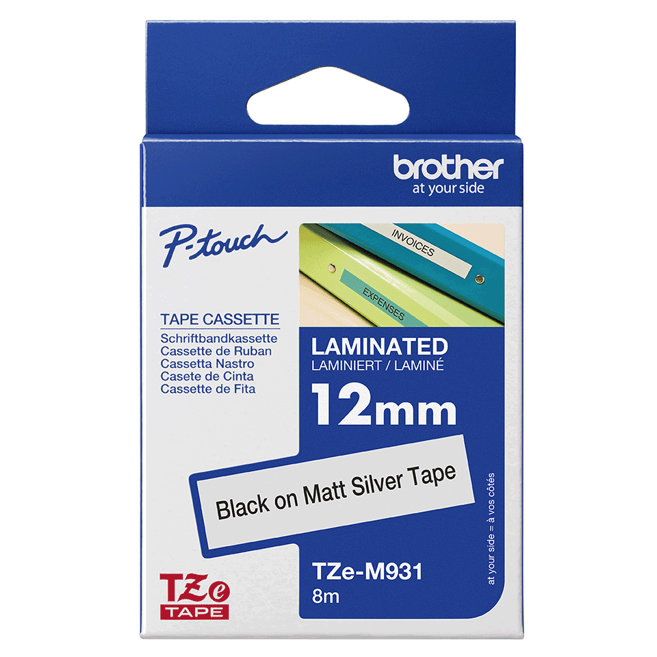 TZE-M931 LAMINATED TAPE 12MM 8M BLACK ON SILVER/METALLIC MATT