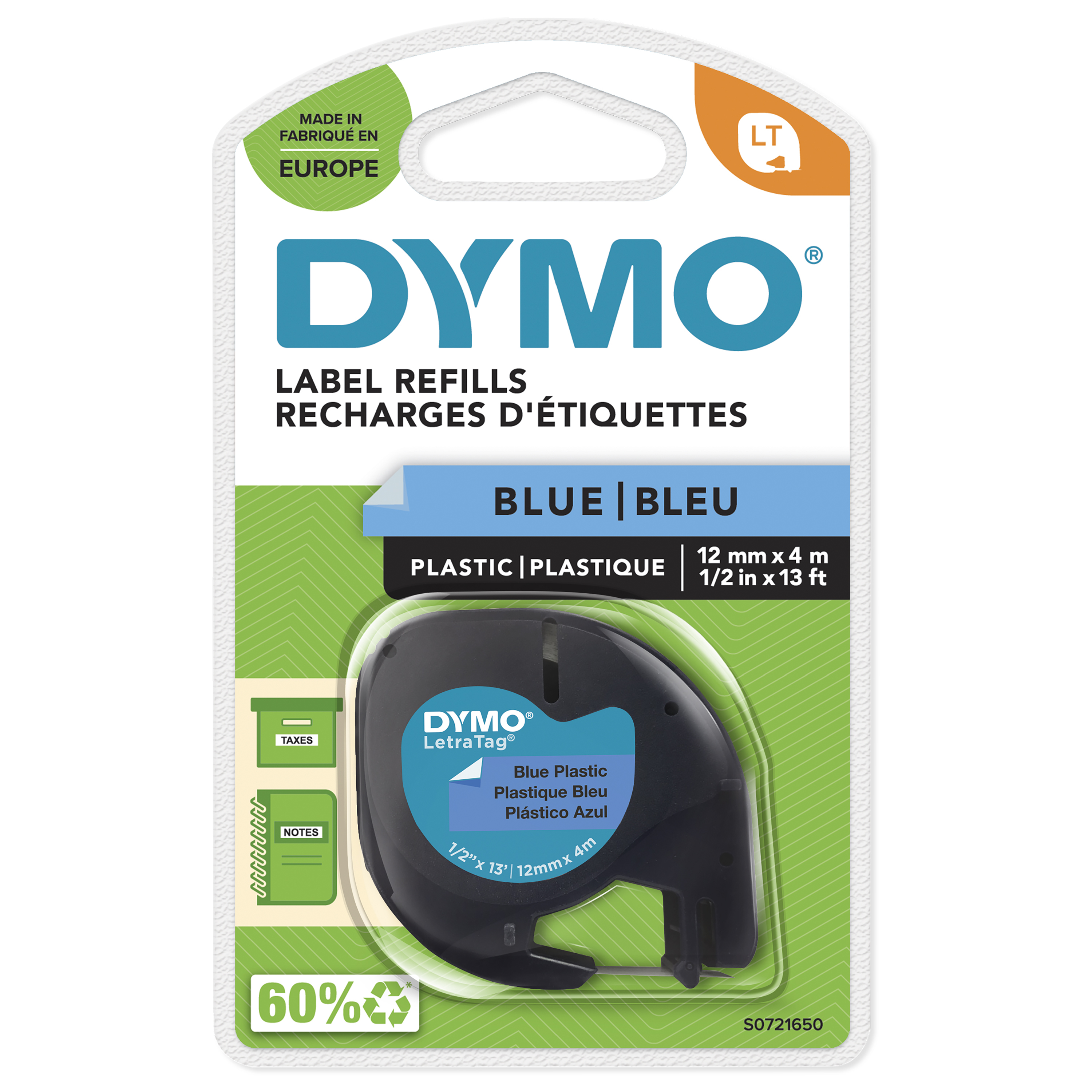 DYMO Schriftband LetraTag 91225 S0721650, 12 mm, schwarz auf blau, 1 St.