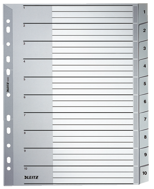 LEITZ Ordnerregister 1280 DIN A4 Vollformat, Überbreite 1-10 grau 10-teilig, 1 Satz