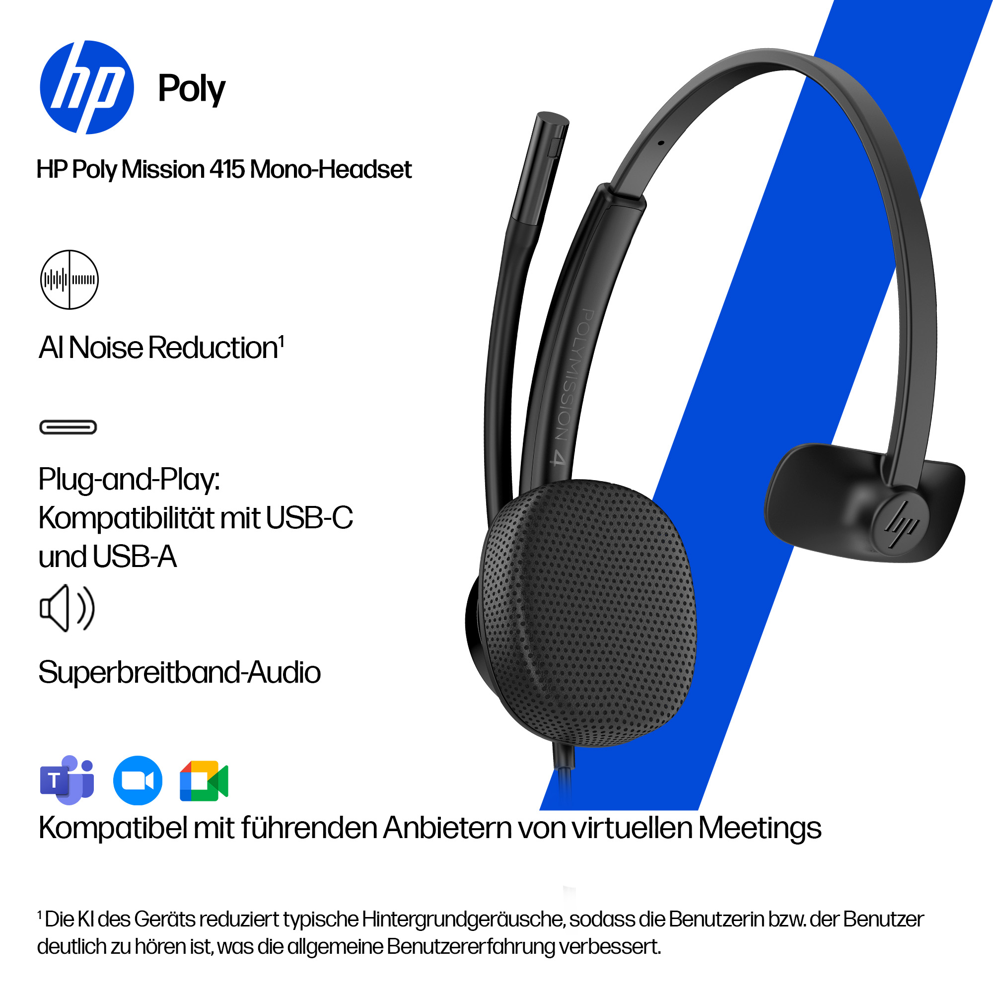 HP Poly Mission 415 Monaural USB Wired Headset WW
