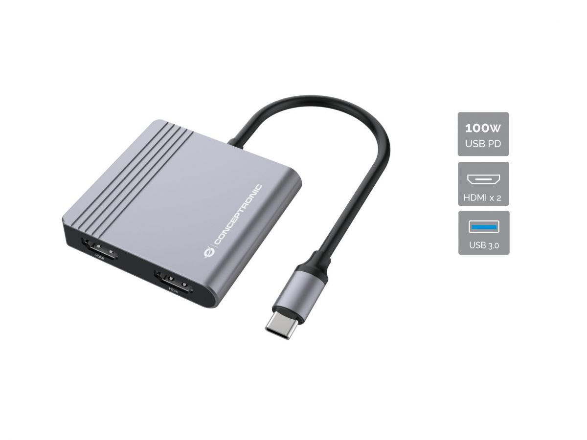 CONCEPTRONIC 4-1 Dock USB-C->2xHDMI/USB-A/100WPD 25cm gr