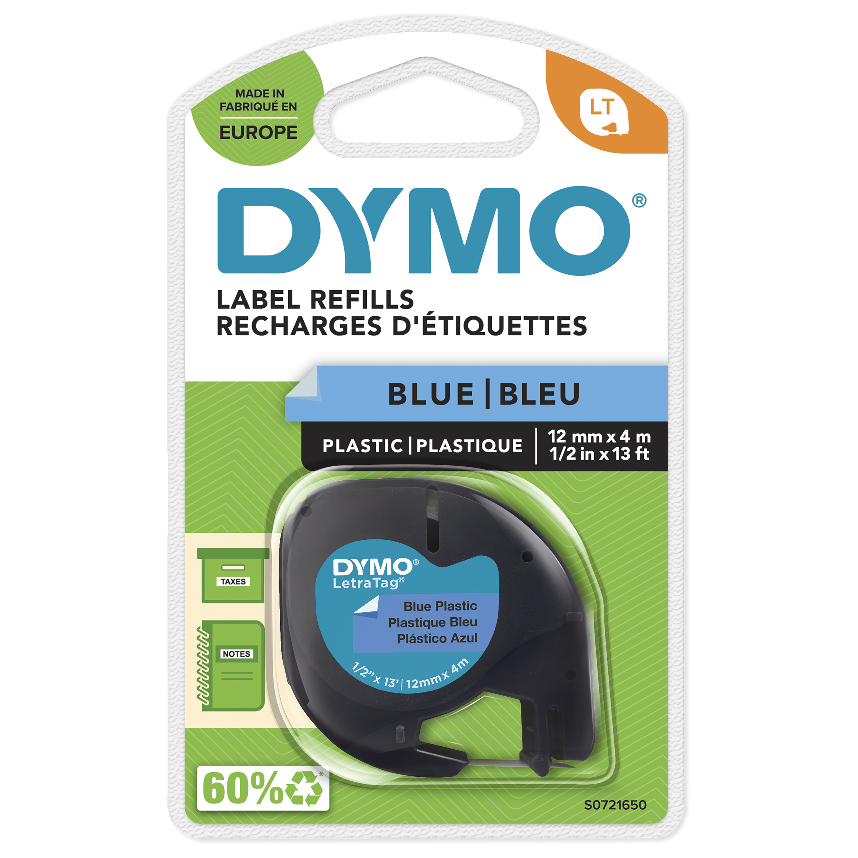 DYMO Schriftband LetraTag 91225 S0721650, 12 mm, schwarz auf blau, 1 St.