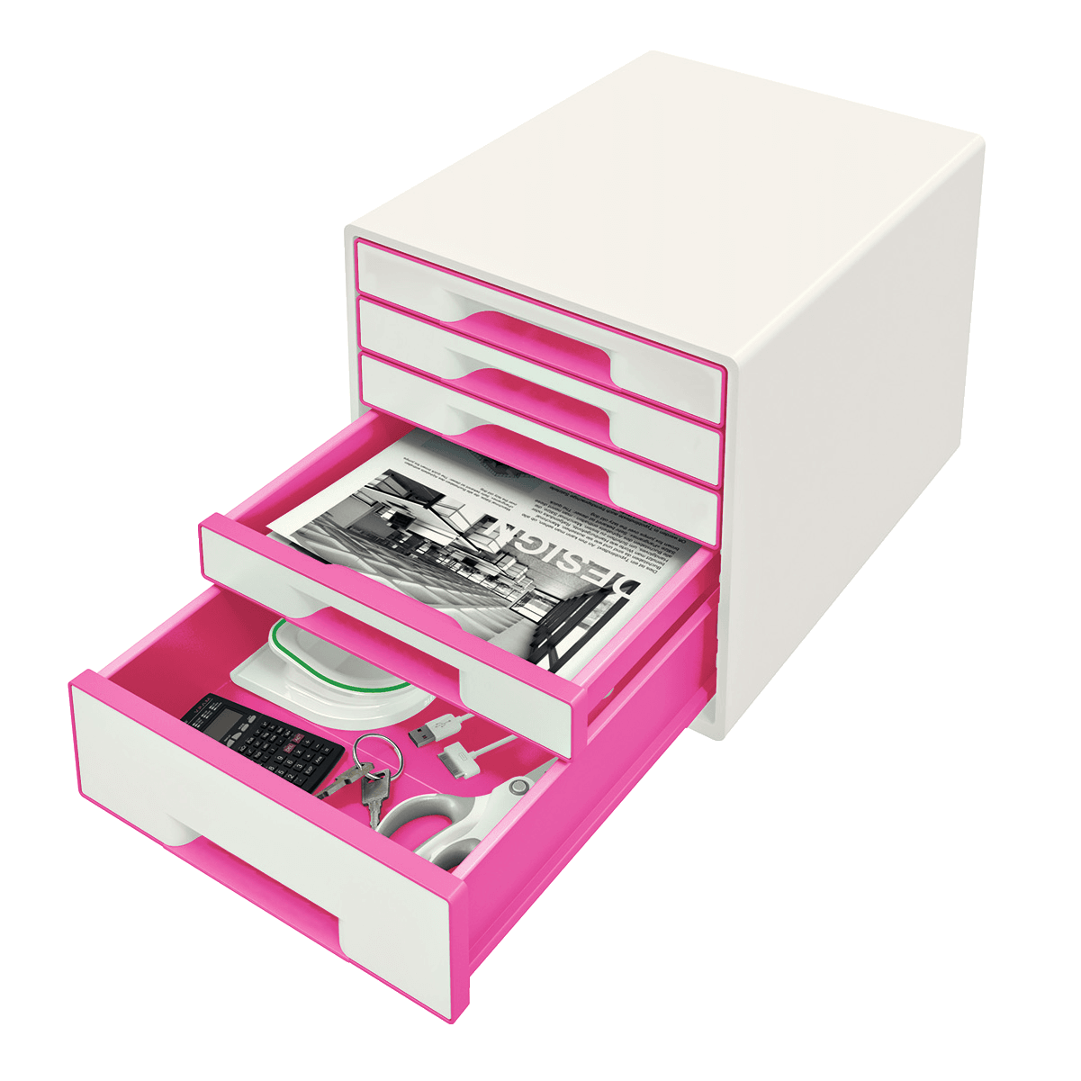 LEITZ Schubladenbox WOW Cube perlweiß/pink 52142023, DIN A4 mit 5 Schubladen, 1 St.
