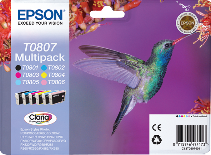 EPSON T0807 (Kolibri) schwarz, cyan, magenta, gelb, light cyan, light magenta Druckerpatronen, 6er-Set