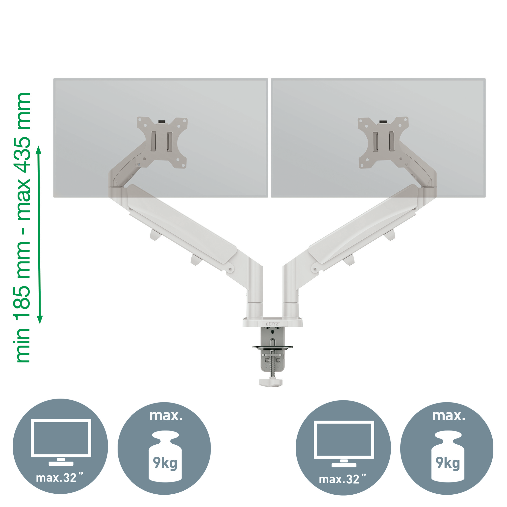 LEITZ Monitor-Halterung Ergo 65370085 lichtgrau für 2 Monitore, Tischklemme