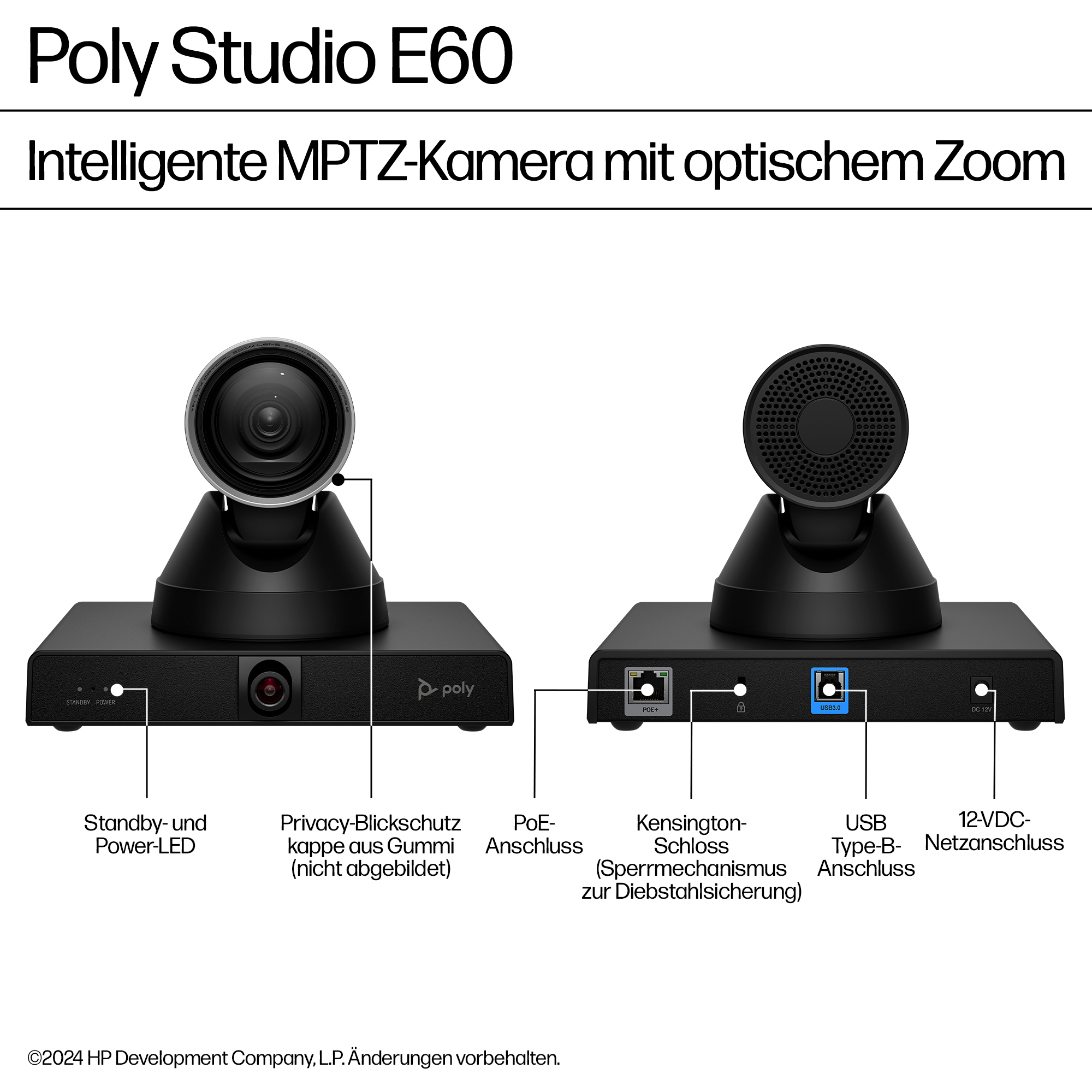 HP Poly Studio E60 Smart Camera 4K MPTZ with 12x Optical Zoom