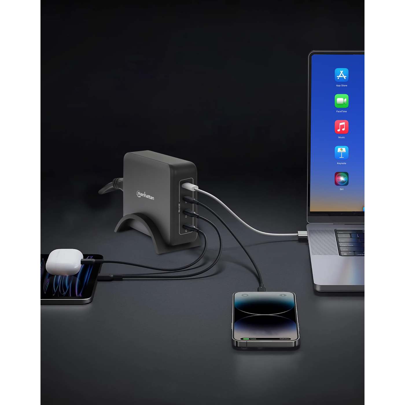 MANHATTAN 4-Port GaN USB Power Delivery-Ladestation PD 3.1 Vier USB-C PD-Ports mit bis zu 140W pro Port 240 W Gesamtleistung schwarz