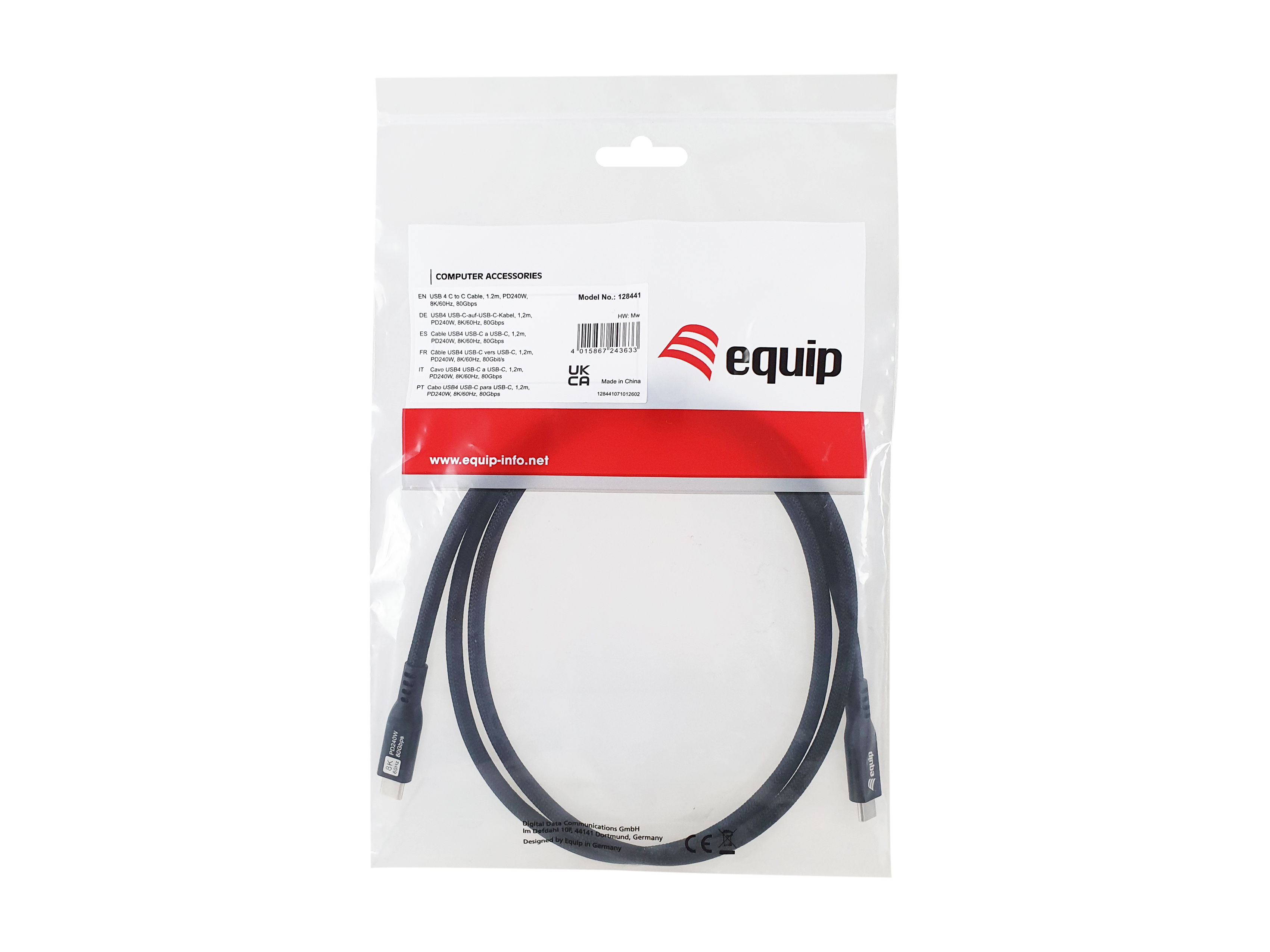 Equip Kabel USB-C4.0->C 80Gbps PD240W St/St 1.20m schwarz