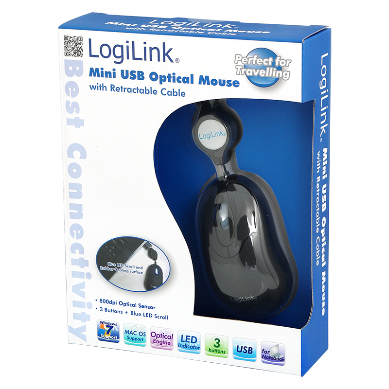 Logilink Maus USB Mini optisch 800dpi m. Kabeleinzug