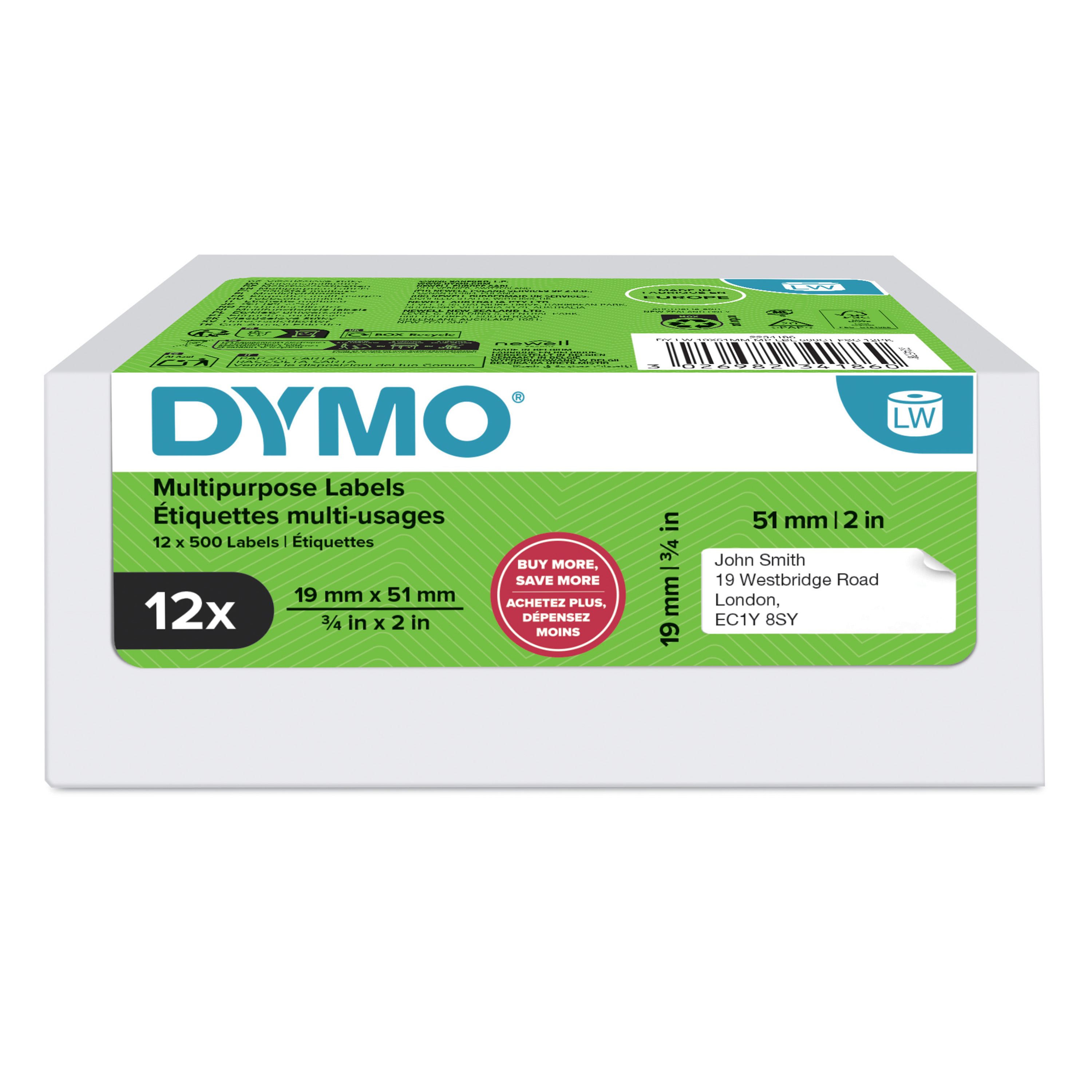 DYMO Etikettenrolle für Etikettendrucker weiß, 51,0 x 19,0 mm, 12 x 500 Etiketten