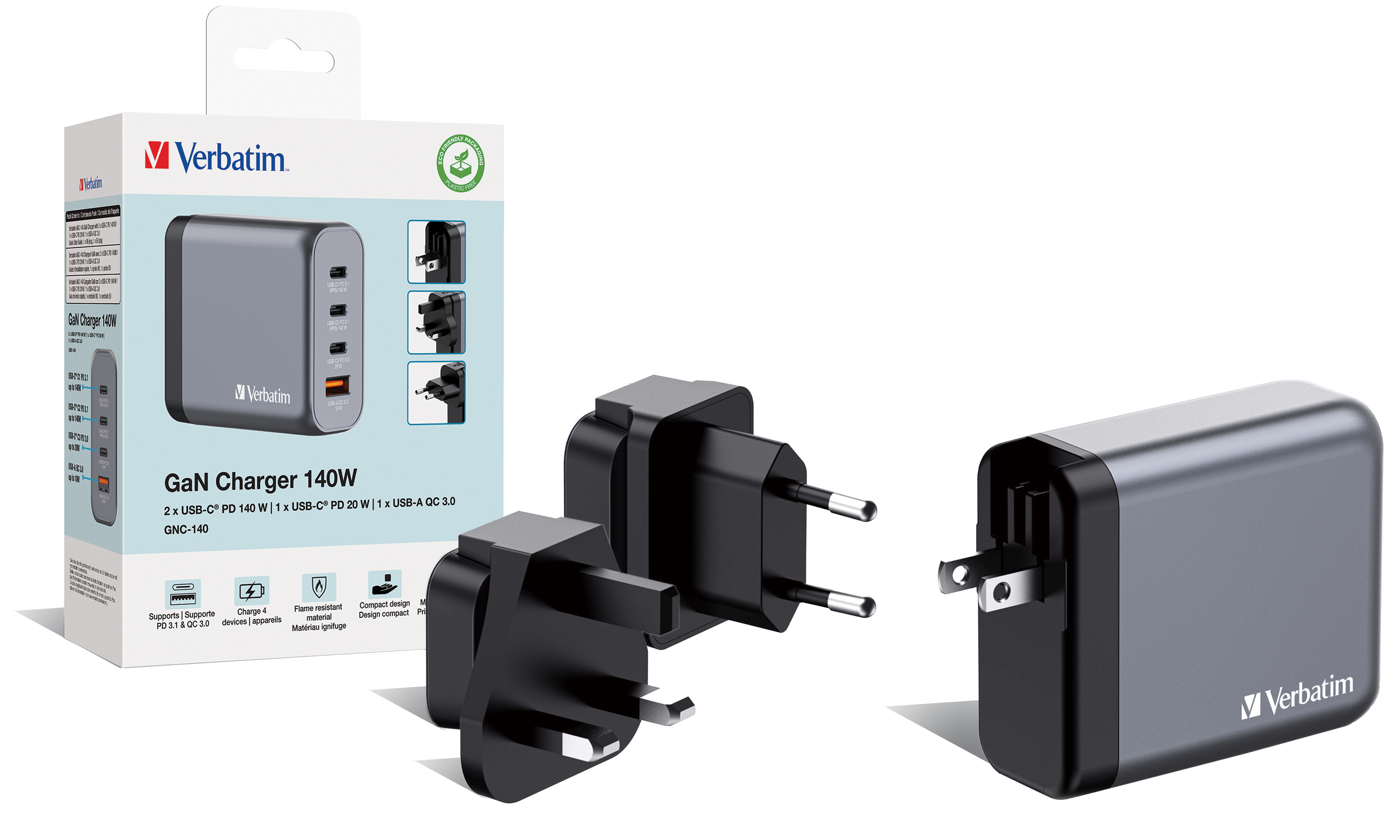 GaN-Ladegerät 140W, 1x USB-A , 3x USB-C