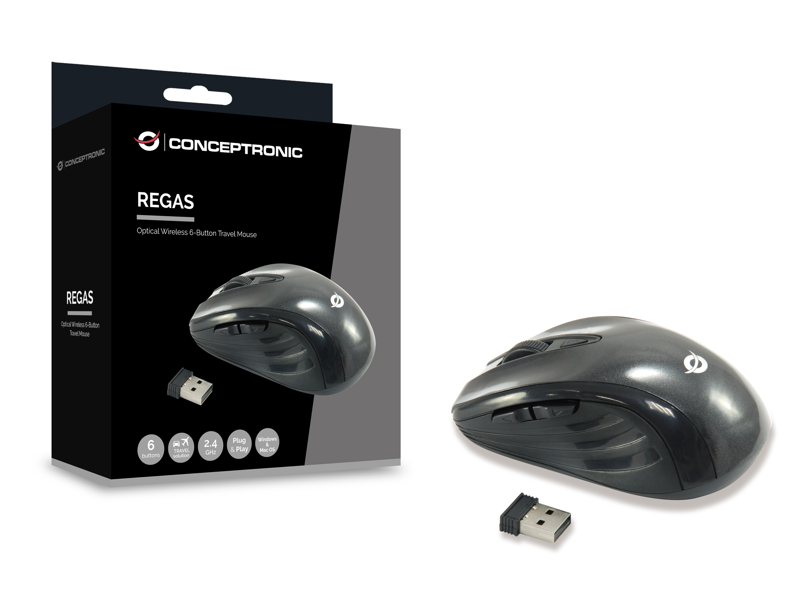 CONCEPTRONIC Reisemaus WLS USB-A/1600DPI/6Tasten R schwarz