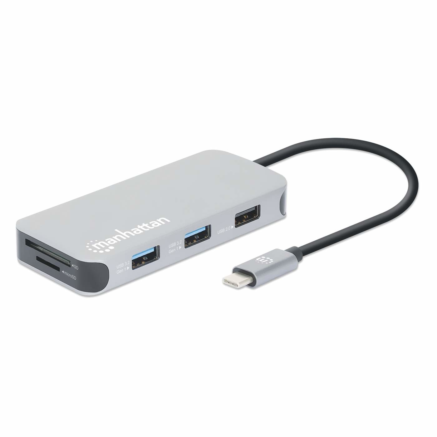 MANHATTAN USB-C 8-in-1-Dockingstation mit Power Delivery 100 W Typ C-Stecker auf HDMI 4K30Hz 3x USB-A 5 Gbit/s RJ45 Kartenleser Alu