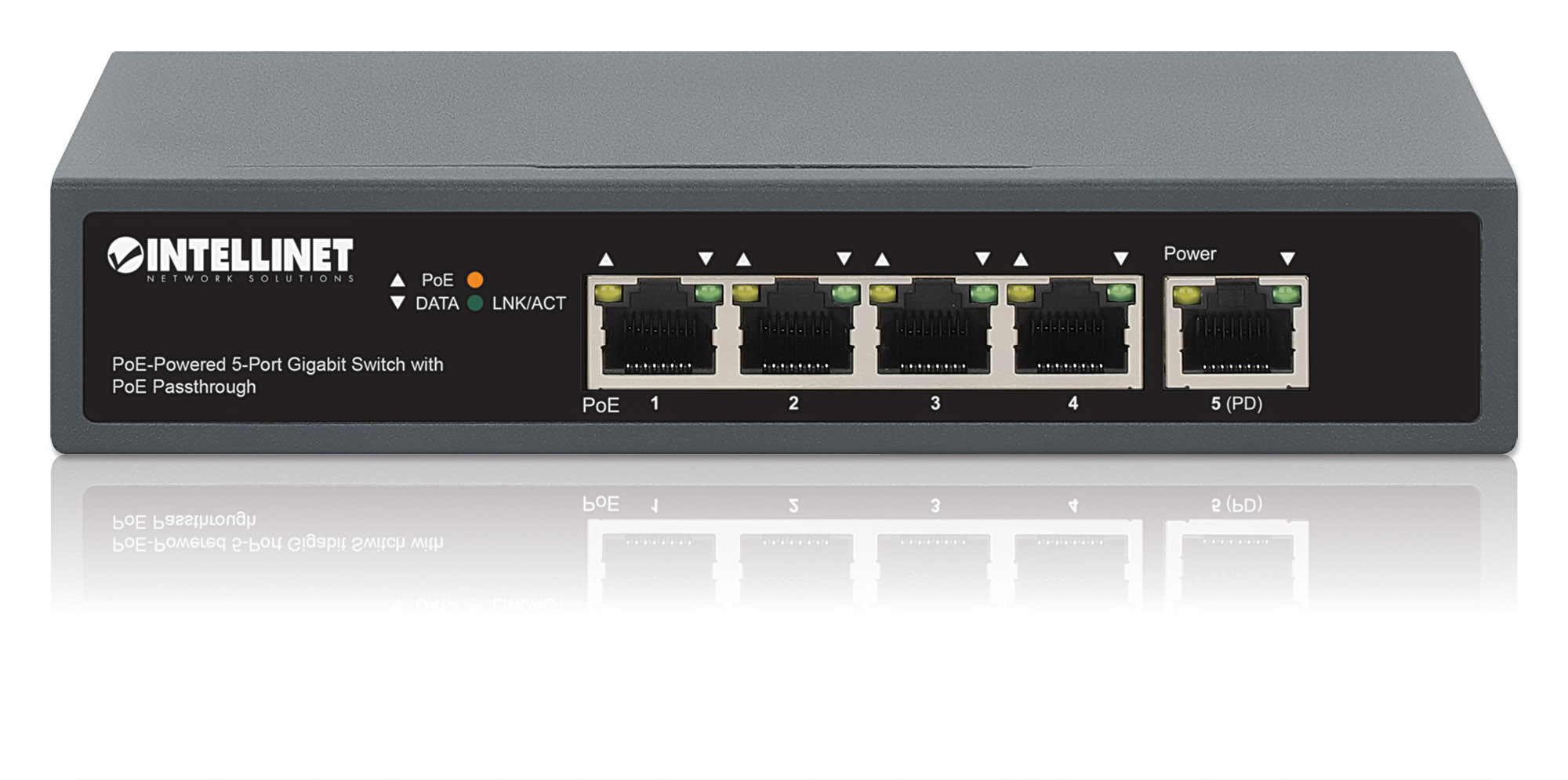 INTELLINET PoE-Powered 5-Port PoE+ Gigabit Switch mit PoE-Passthrough ein PoE++ 4PPoE PD PoE-Port bis 95W vier PSE PoE-Ports bis 65W
