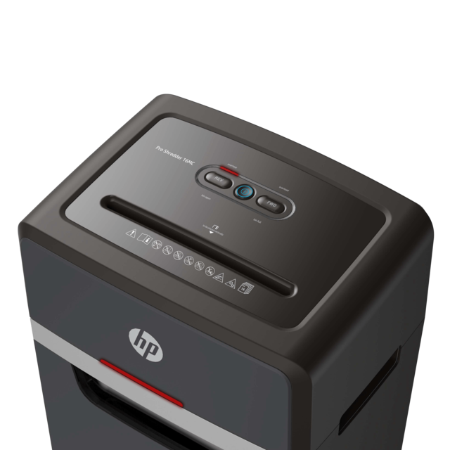 HP Pro Shredder 16MC Aktenvernichter mit Partikelschnitt P-5, 2 x 15 mm, bis 16 Blatt, schwarz