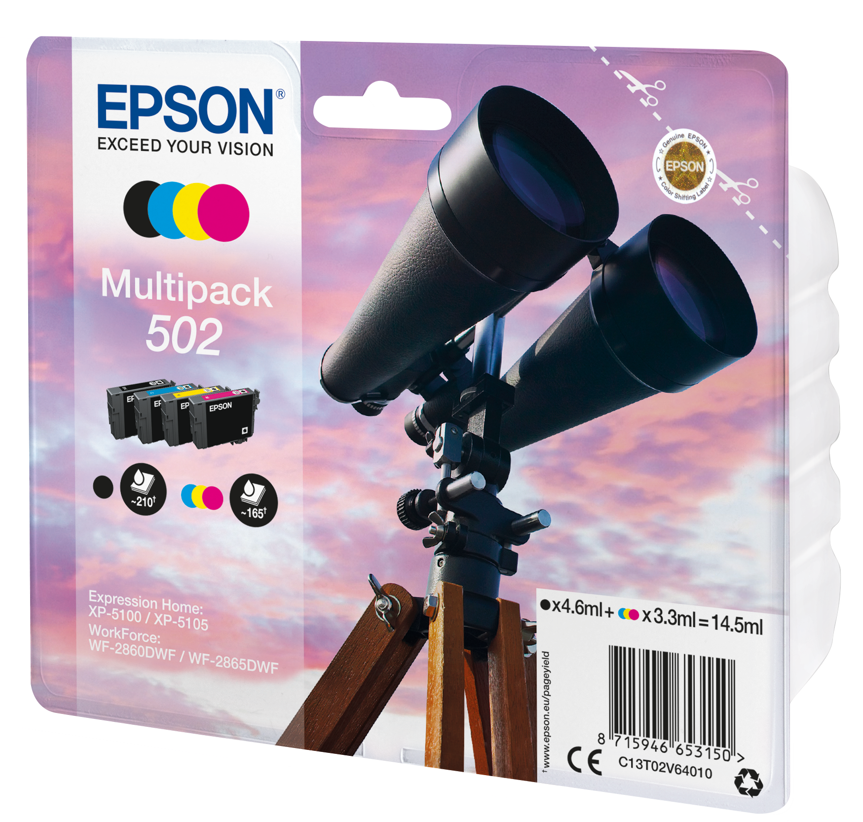 EPSON 502/T02V64 (Fernglas) schwarz, cyan, magenta, gelb Druckerpatronen, 4er-Set