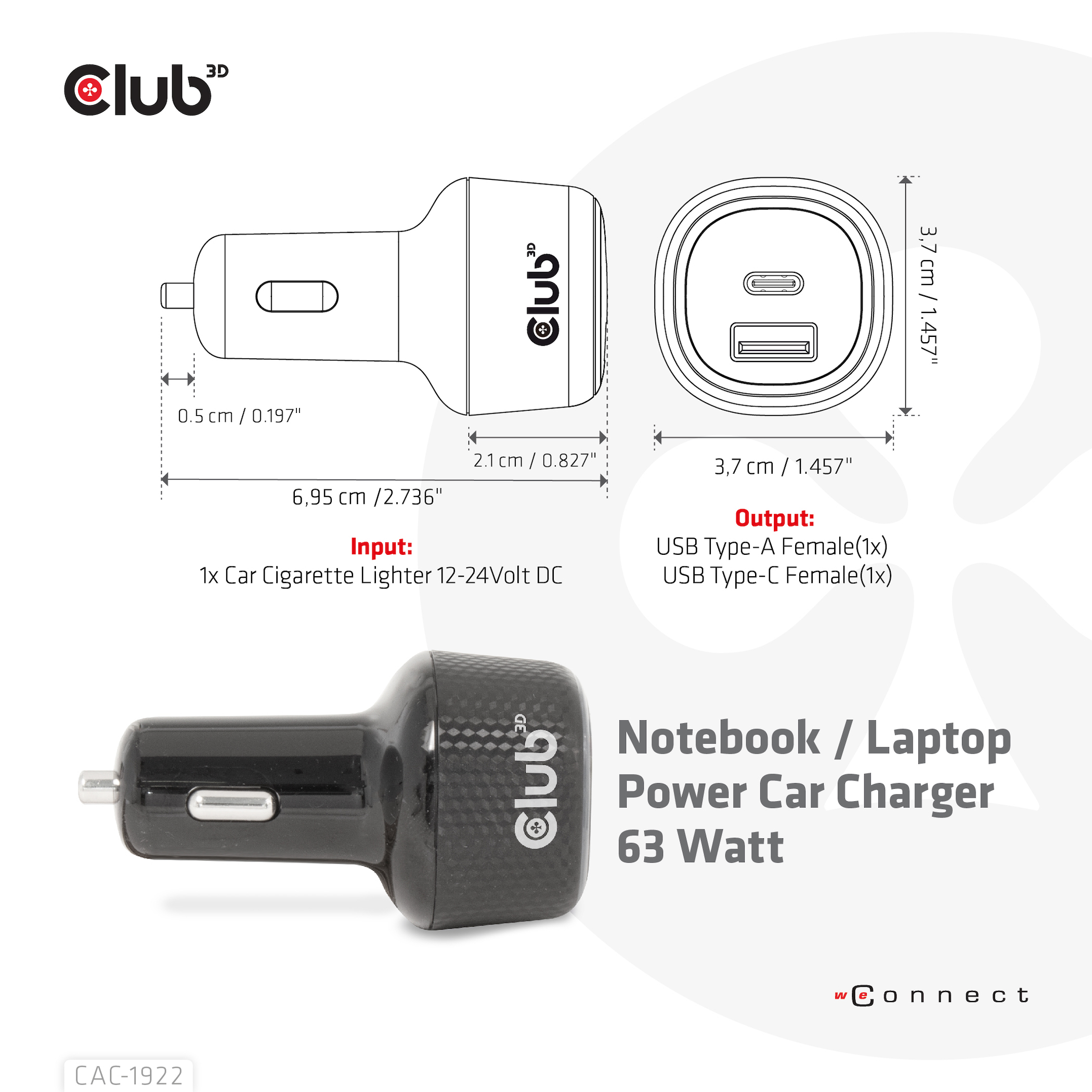 Club3D USB KFZ-Ladegerät 1xUSB C, 1xUSB A, 63W, 12/24V retail