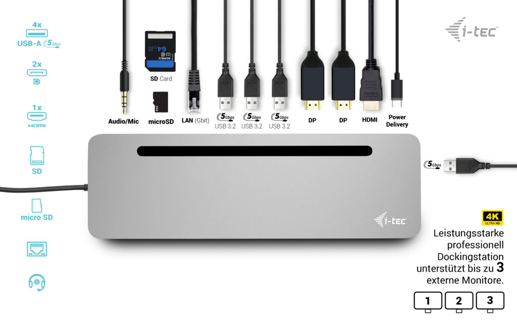 I-TEC USB-C Metal Ergonomic 4K 3x Display Docking Station with PD 100 W + i-tec Universal Charger 100W bundle