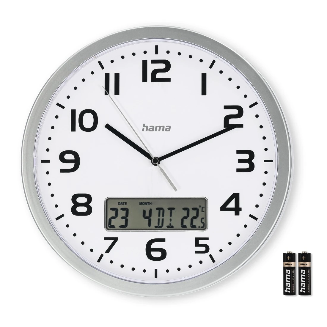 hama digitale Funkwanduhr Moorea weiß silber Kunststoff, Ø 30,0 cm