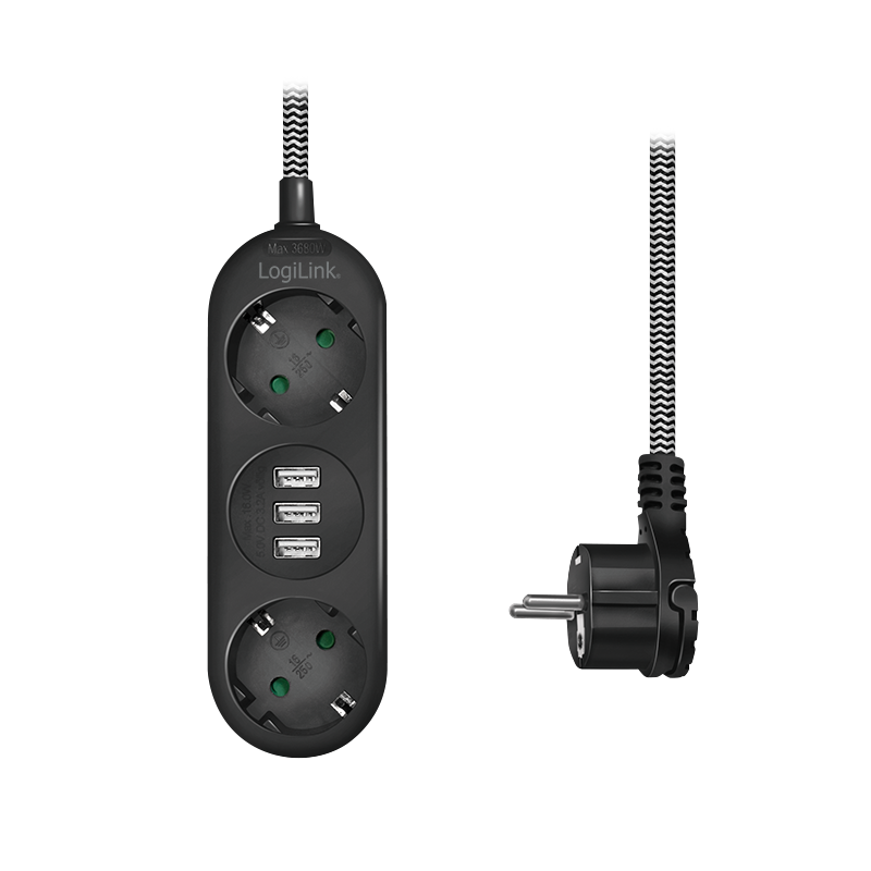 Logilink Steckdosenleiste 2-fach,2xCEE 7/3+3xUSB-A,Textilkab