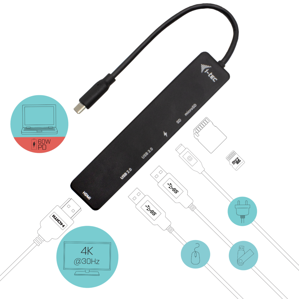 I-TEC USB-C Travel Easy Dock 1xHDMI 4K 1x USB-C 1xUSB 3.0 1xUSB 2.0 1xSD+1x microSD Kartenleser Power Delivery 60W 20cm USB-C Kabel