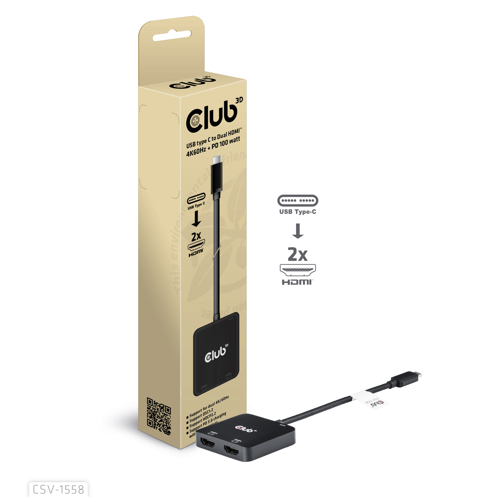 Club3D MST-Hub USB 3.2 Typ C > 2x HDMI 4K60Hz +100W PD St/Bu retail