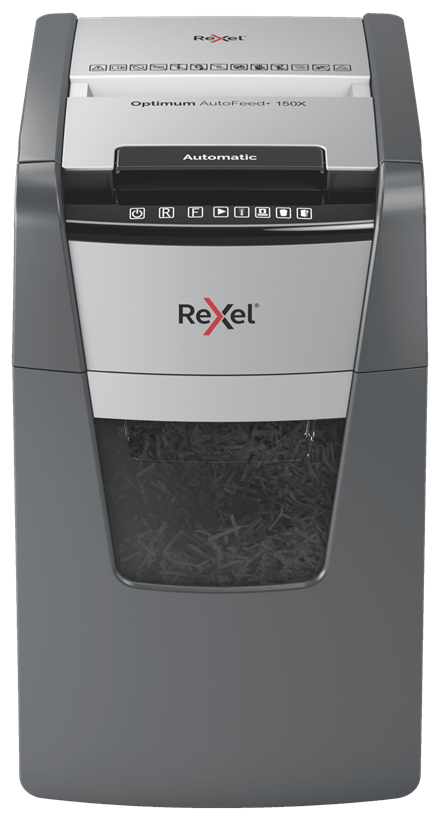 Rexel Optimum AutoFeed+150X Aktenvernichter mit Partikelschnitt P-4, 4 x 28 mm, bis 150 Blatt, schwarz