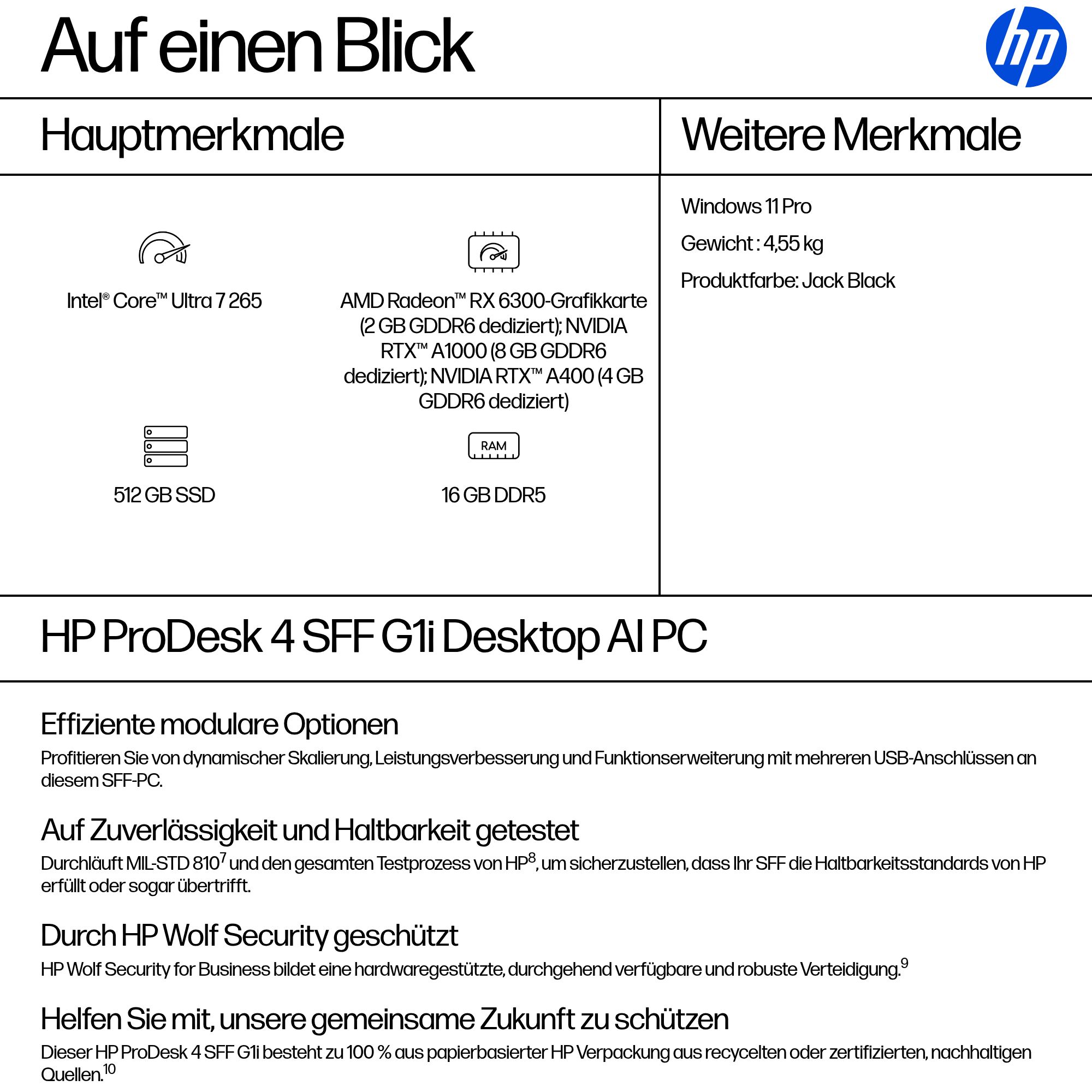 HP ProDesk 4 SFF G1i Intel Core Ultra 7 265 16GB 512GB/SSD W11P 1J Gar (DE)