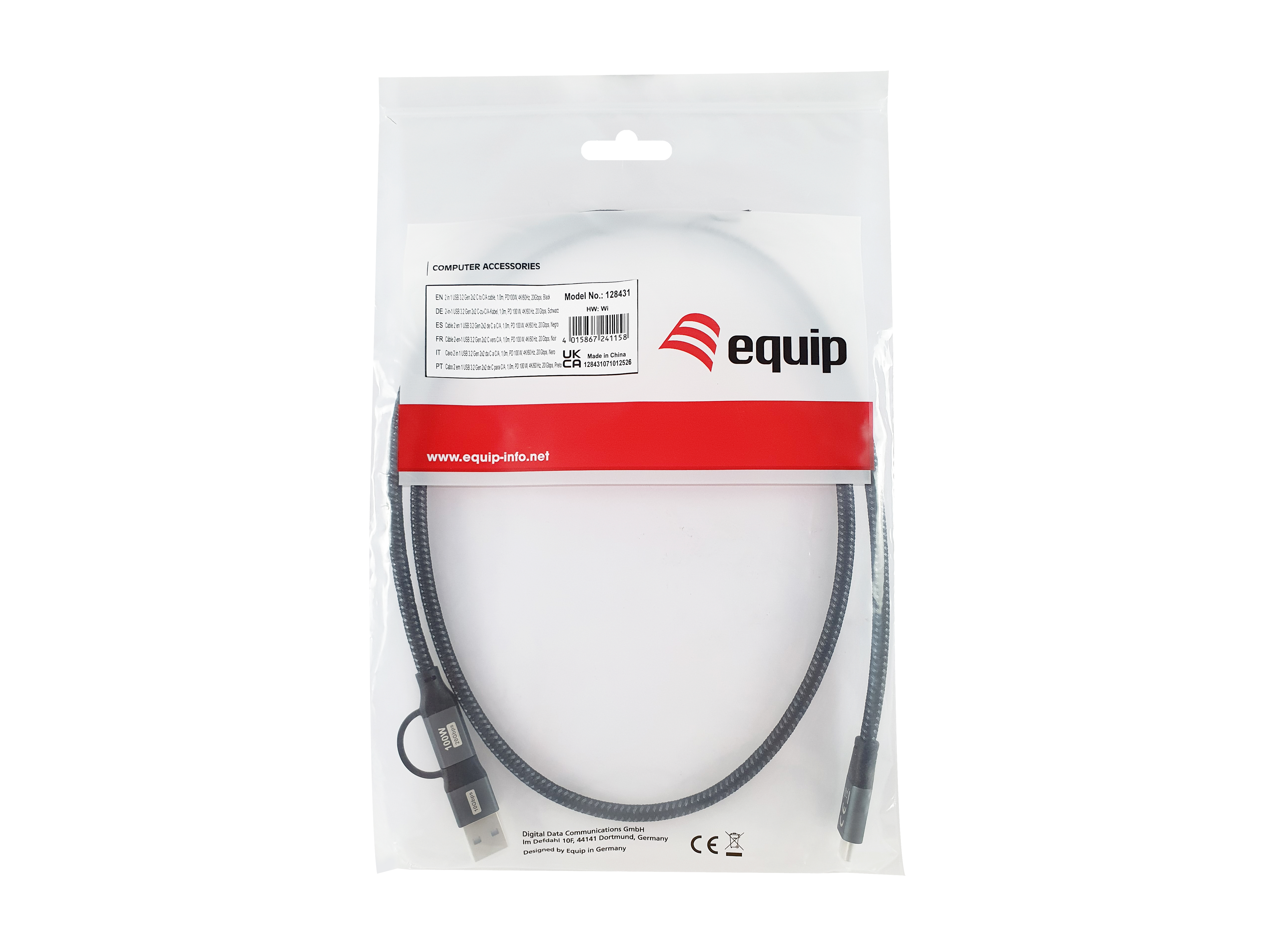 Equip Kabel USB-C3.2->C/A Gen2x2 PD100W St/St 1.00m schwarz
