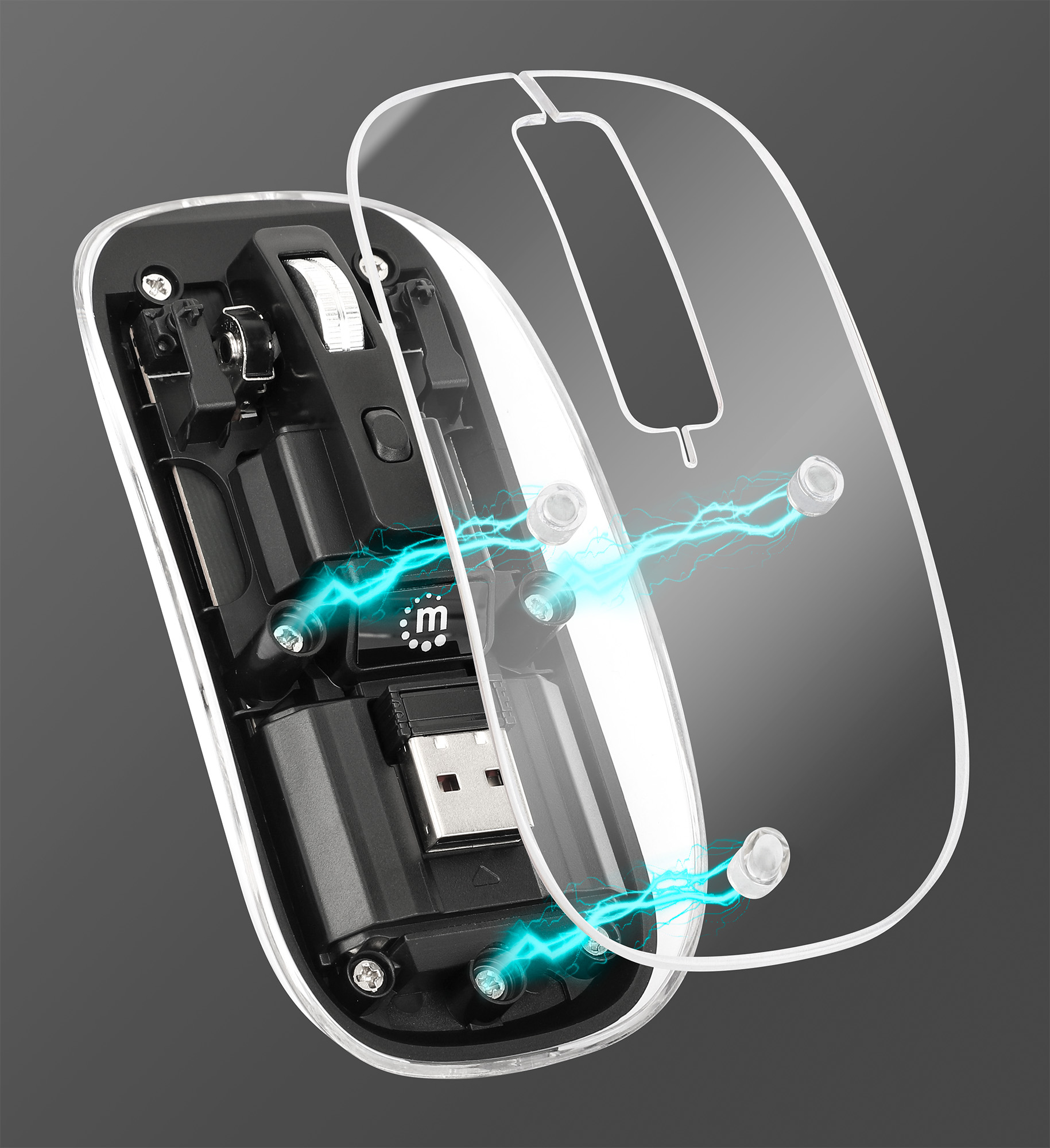 MANHATTAN Transparente Wiederaufladbare Kabellose Maus LED-Beleuchtung USB-A-Mikroempfänger Links-/Rechtshänder durchsichtig/schwarz