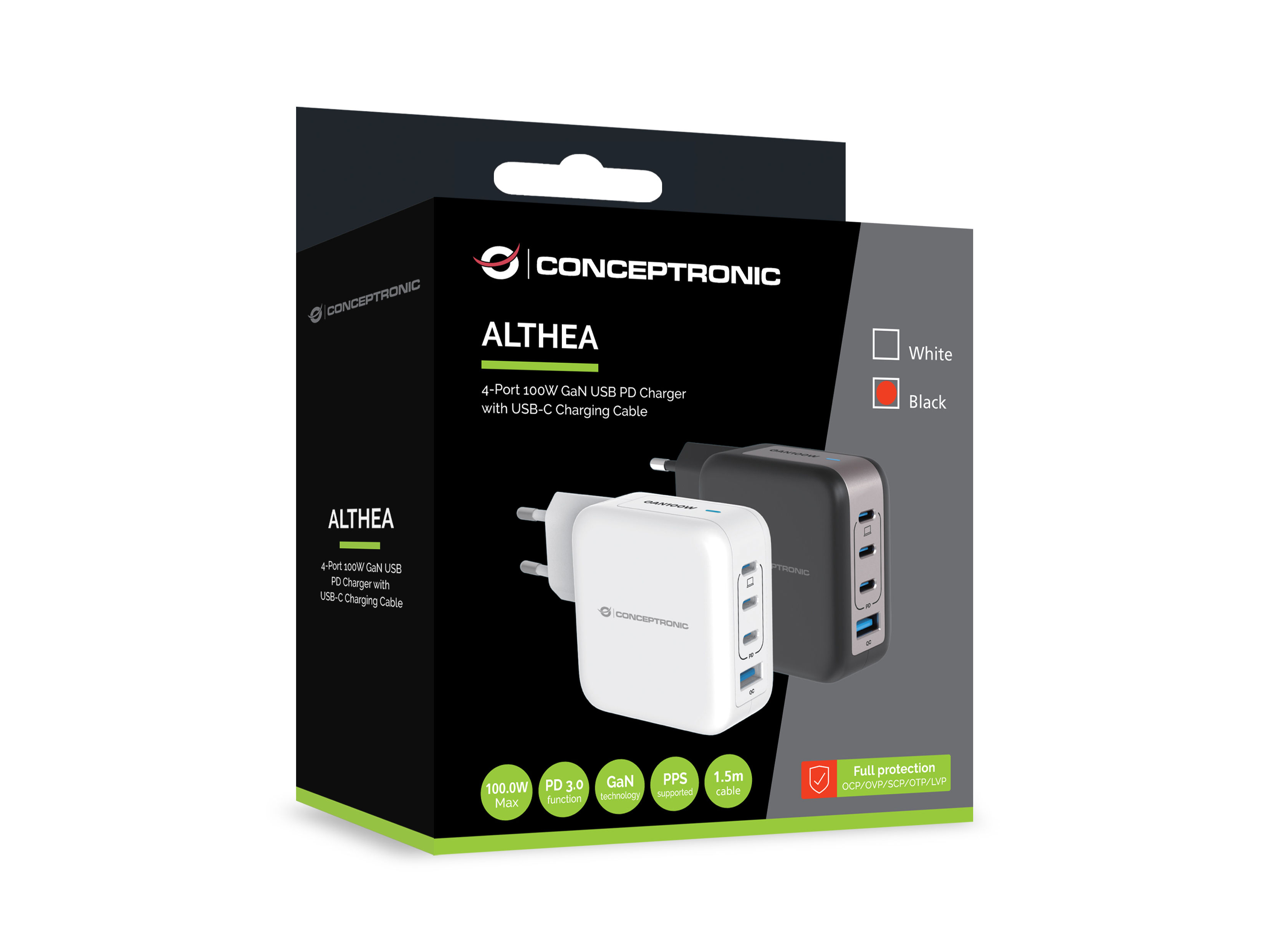 CONCEPTRONIC Ladegerät 4Port GaN 3xUSB-C/1xA100WPD3.0/PPS sw