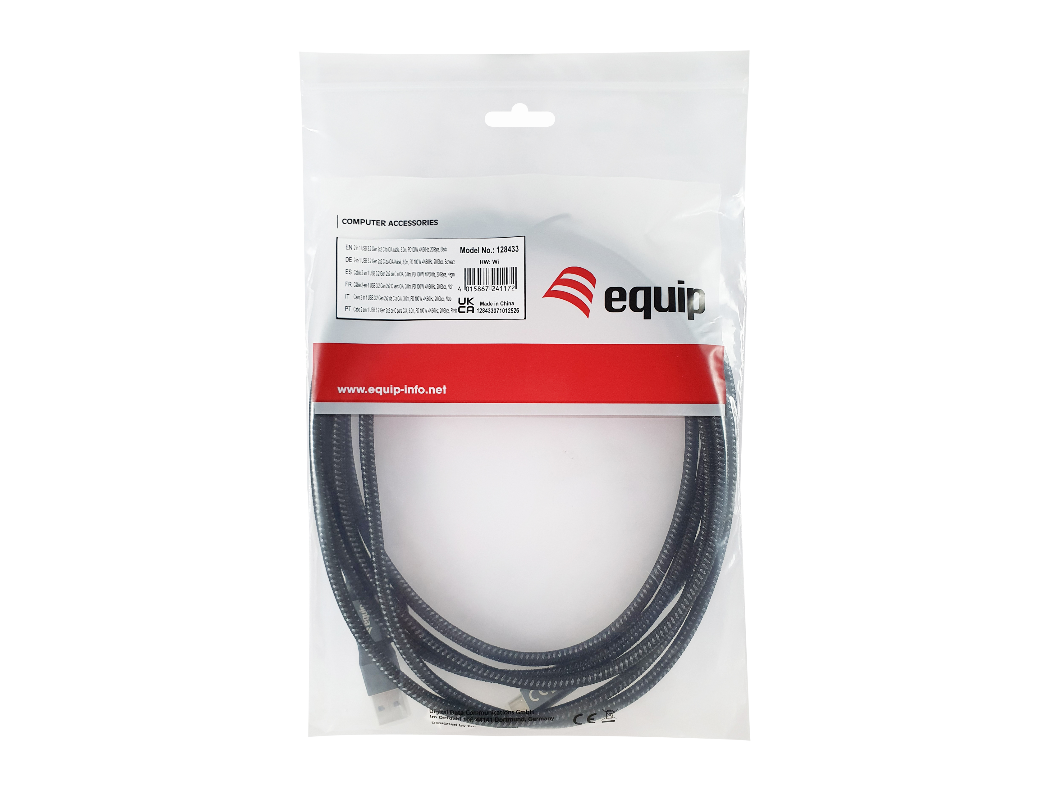 Equip Kabel USB-C3.2->C/A Gen2x2 PD100W St/St 3.00m schwarz
