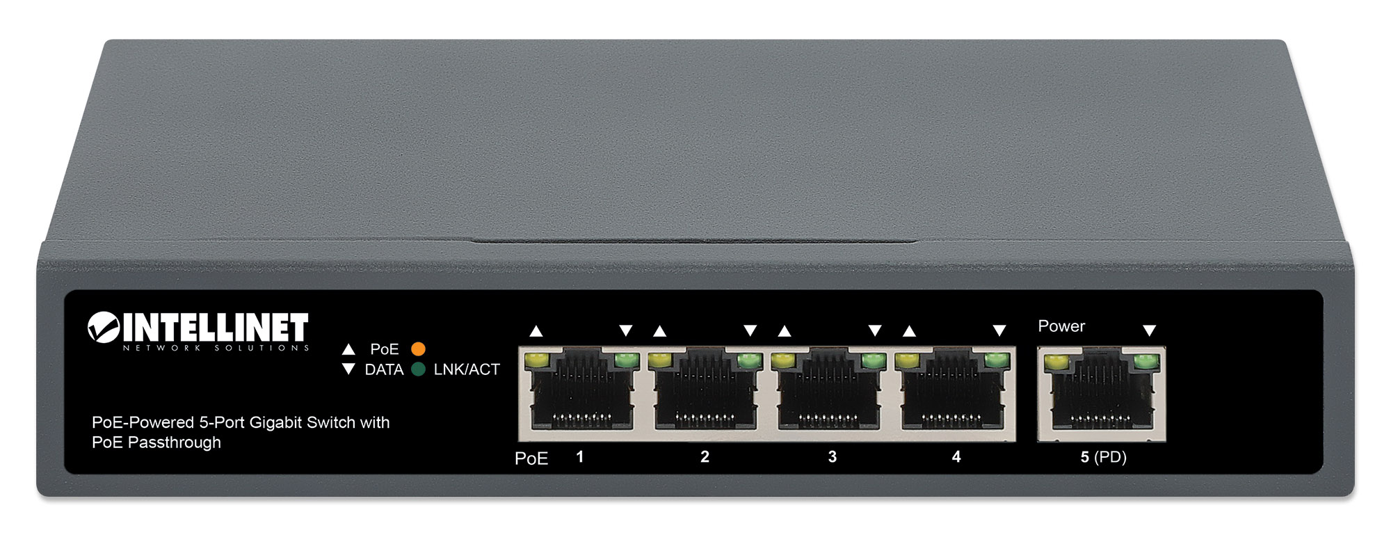INTELLINET PoE-Powered 5-Port PoE+ Gigabit Switch mit PoE-Passthrough ein PoE++ 4PPoE PD PoE-Port bis 95W vier PSE PoE-Ports bis 65W