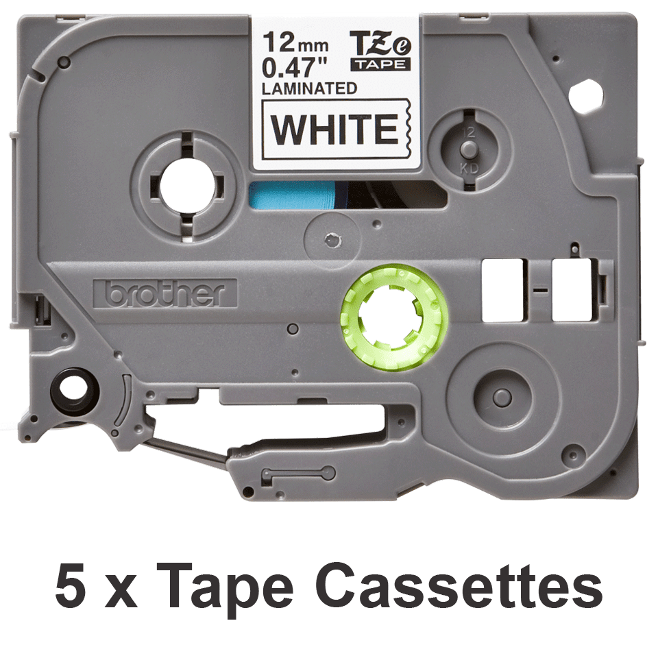 TZE231 LAMINATED TAPES 12MM 8M BLACK ON WHITE BACKGROUND (5 PAC