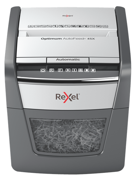 Rexel Optimum AutoFeed+ 45X Aktenvernichter mit Partikelschnitt P-4, 4 x 28 mm, bis 45 Blatt, schwarz