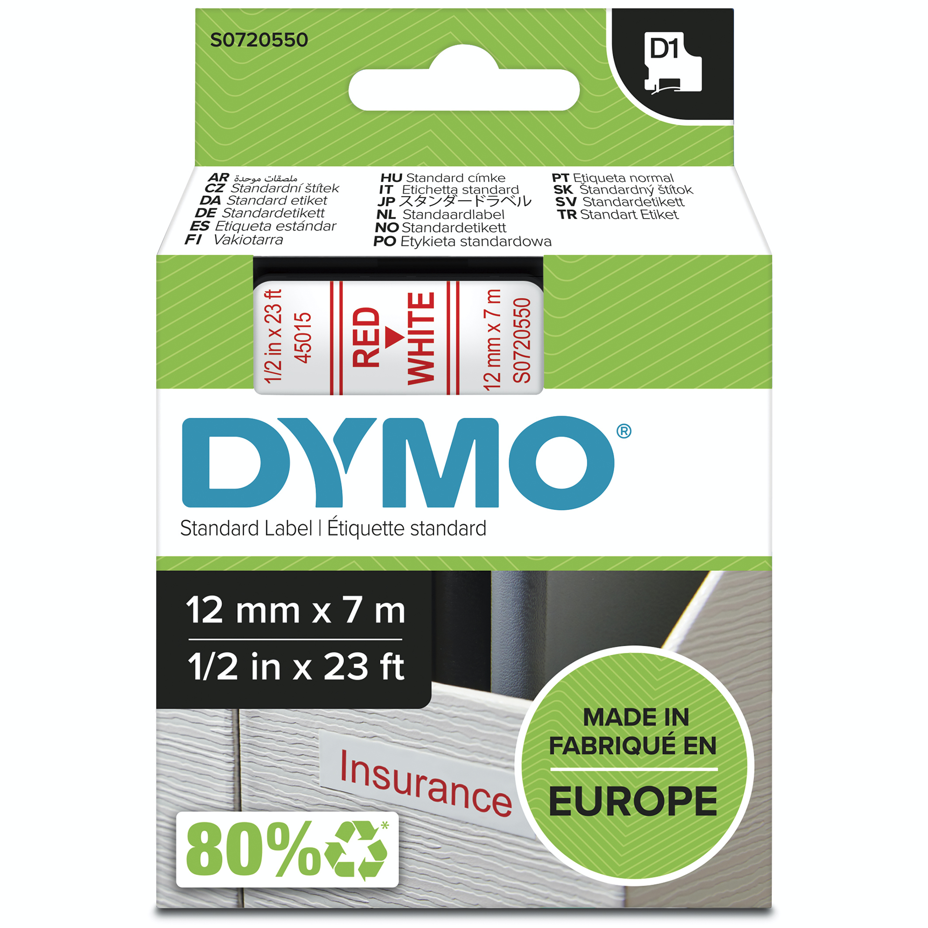 DYMO D1 Schriftband 45015 12mmx7.0m rot ->weiß