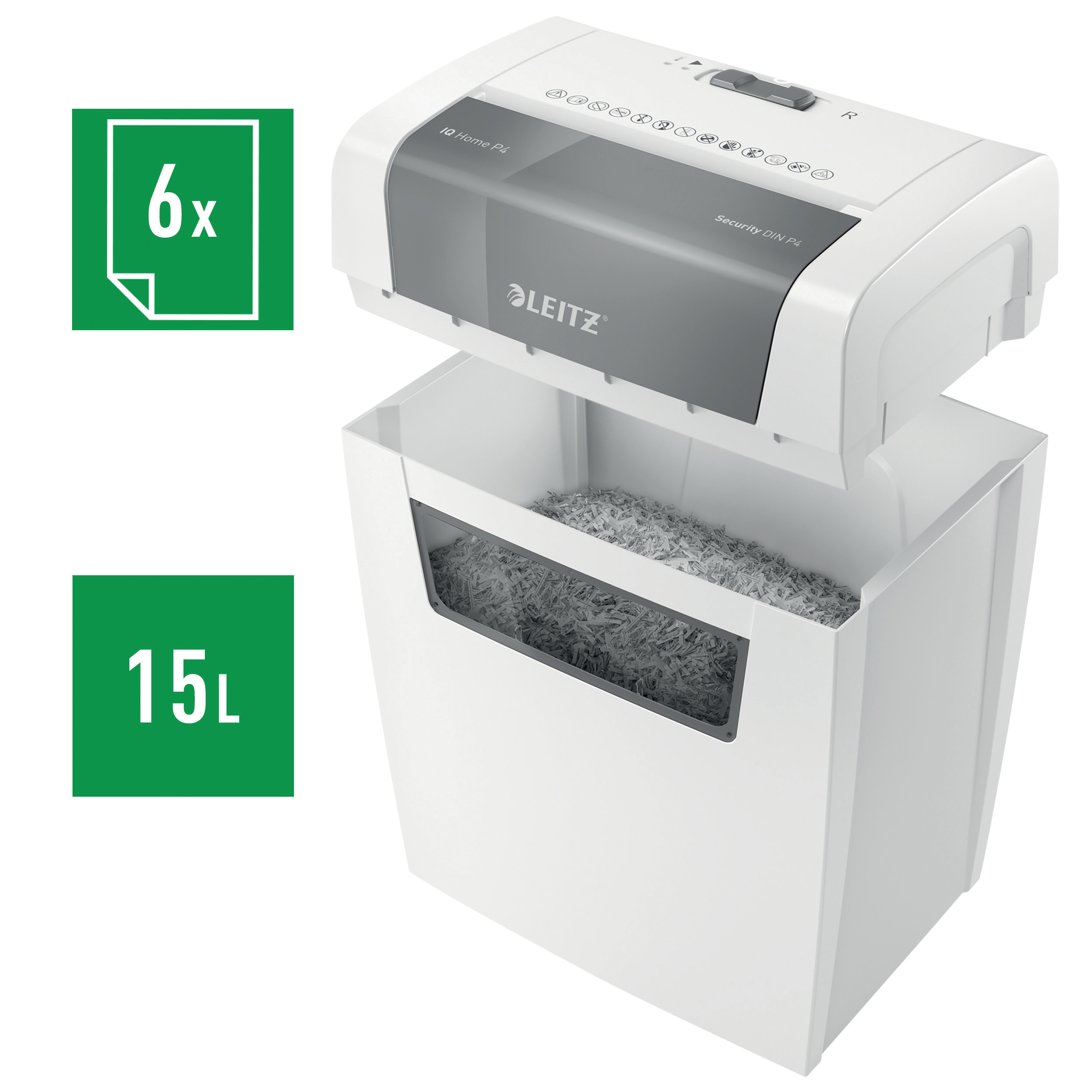LEITZ IQ Home Aktenvernichter mit Partikelschnitt P-4, 4 x 28 mm, bis 6 Blatt, weiß