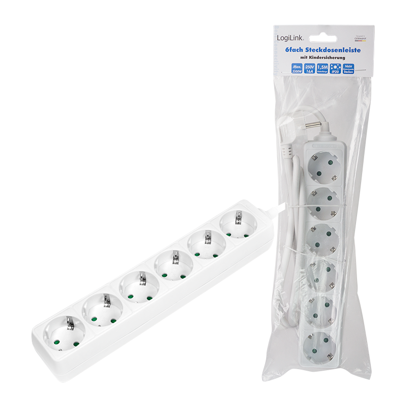 Logilink Steckdosenleiste 6-fach mit Schutzkontakt , weiß