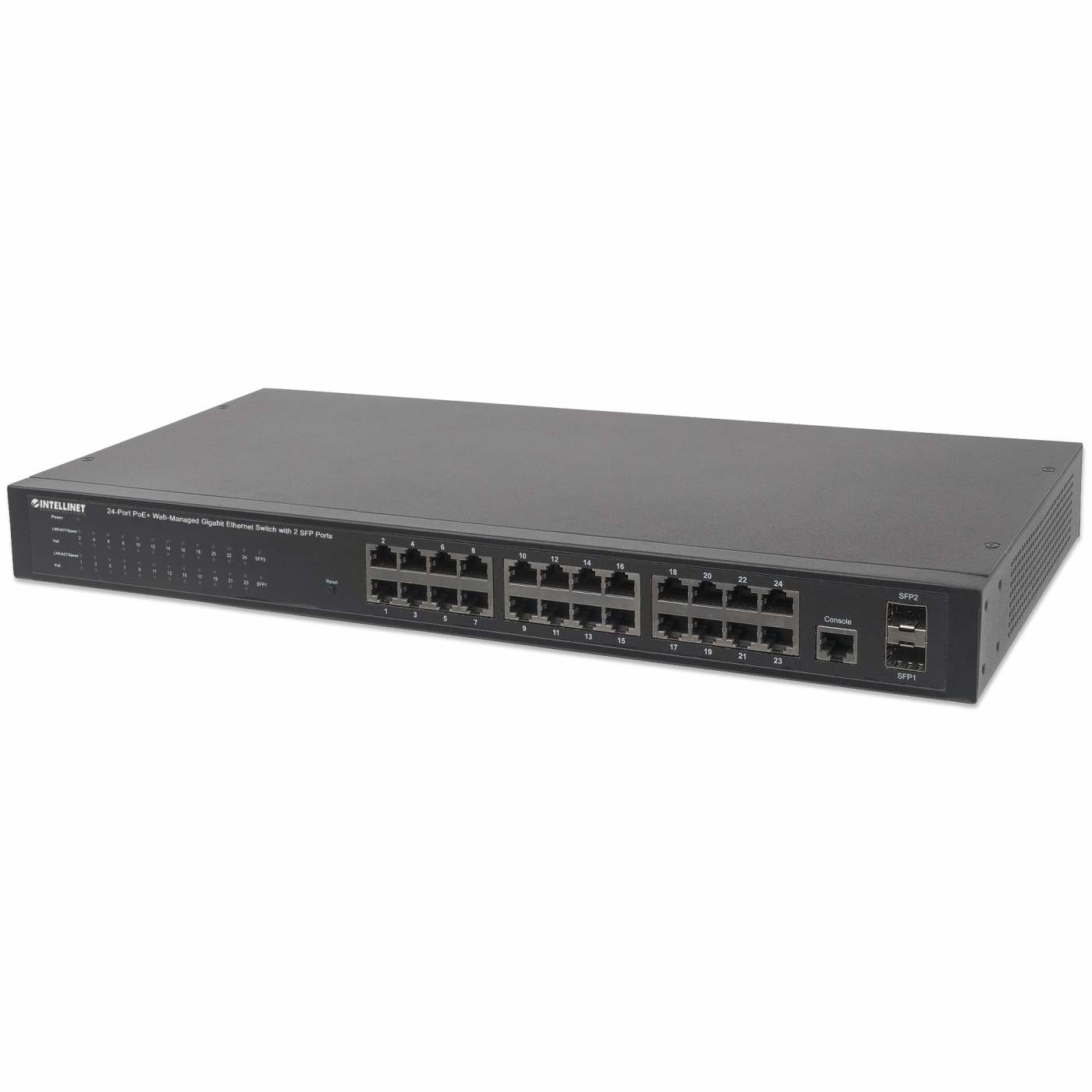 INTELLINET 24-Port PoE Gigabit Switch Web-Managed 2 GBIC SFP Ports Ausgangsleistung bis zu 30 Watt pro Port PoE+ IEEE 802.3at/af