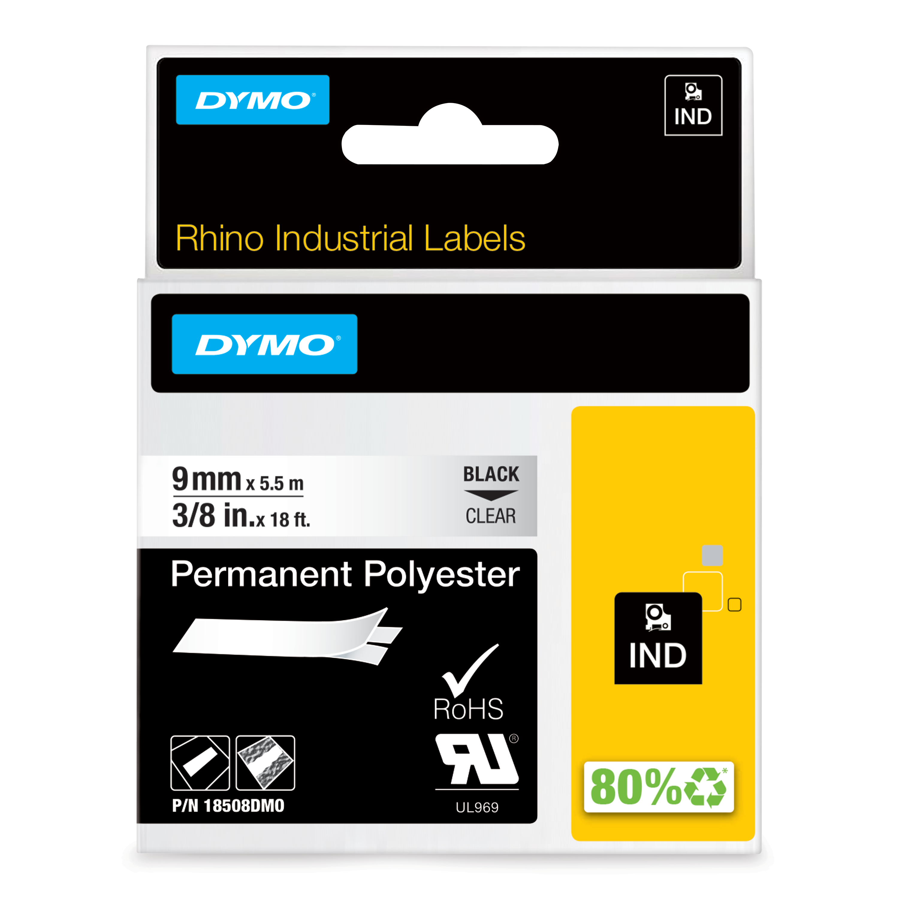 DYMO Schriftband RHINO 18508 18508DMO, 9 mm, schwarz auf transparent, 1 St.