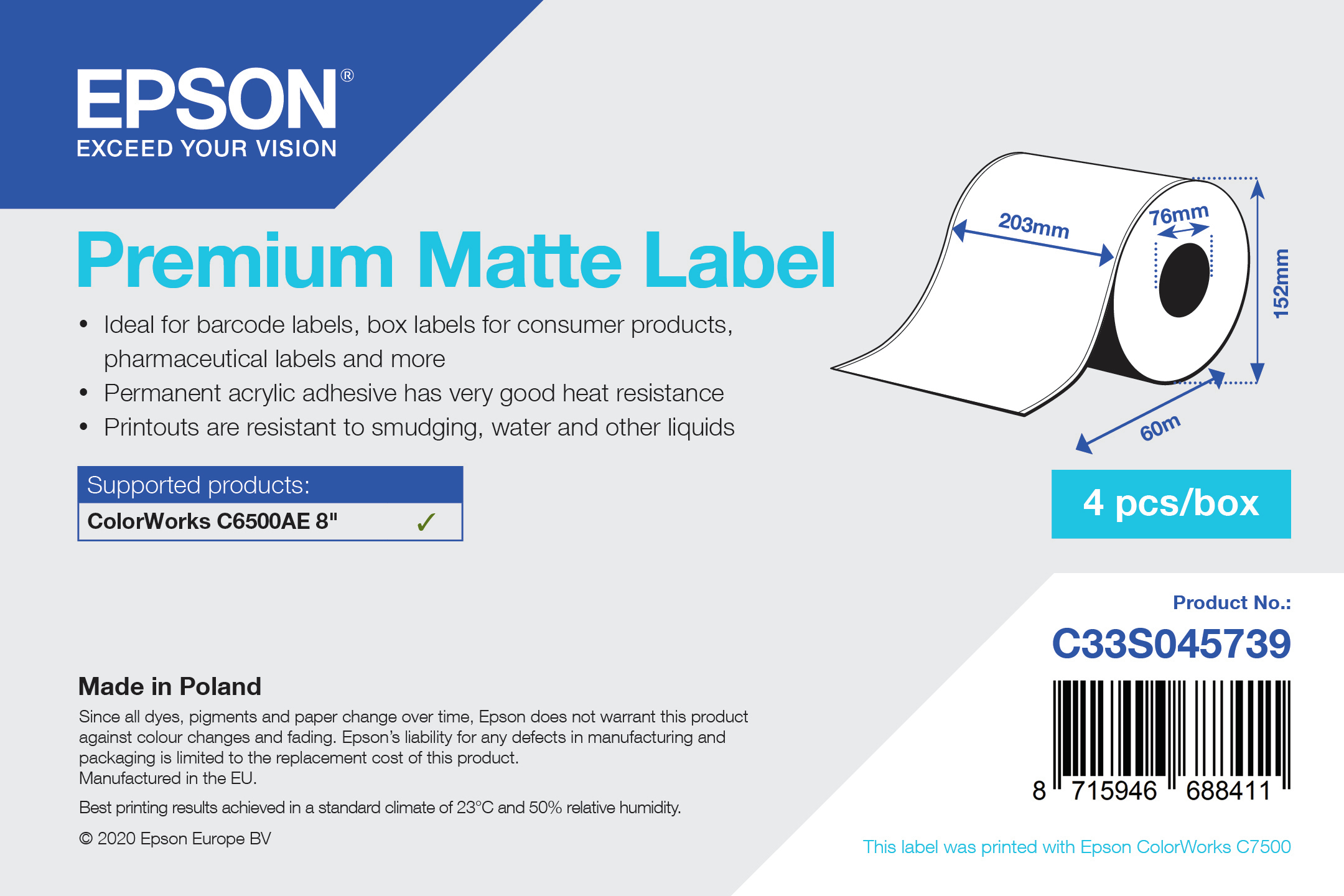 PREMIUM MATTE LABEL CONTINUOUS ROLL 203MMX60M