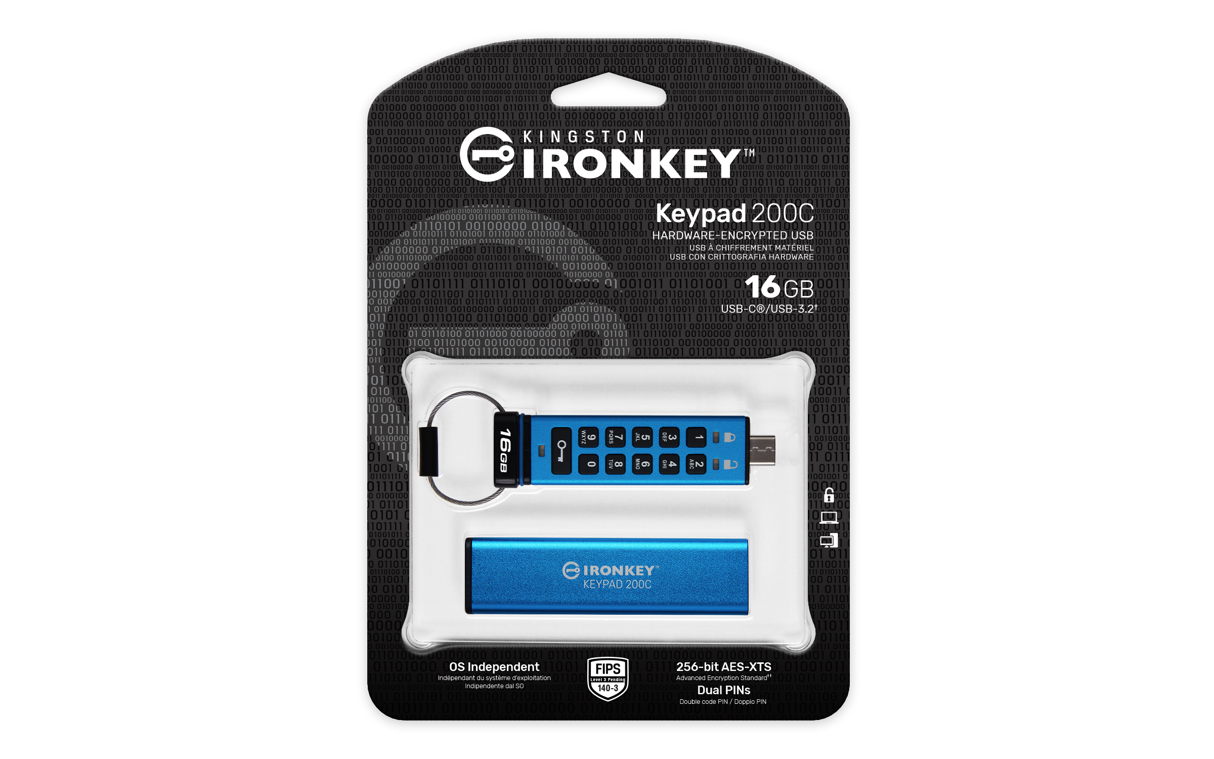 KINGSTON 16GB USB-C IronKey Keypad 200C FIPS 140-3 Lvl 3 Pending AES-256