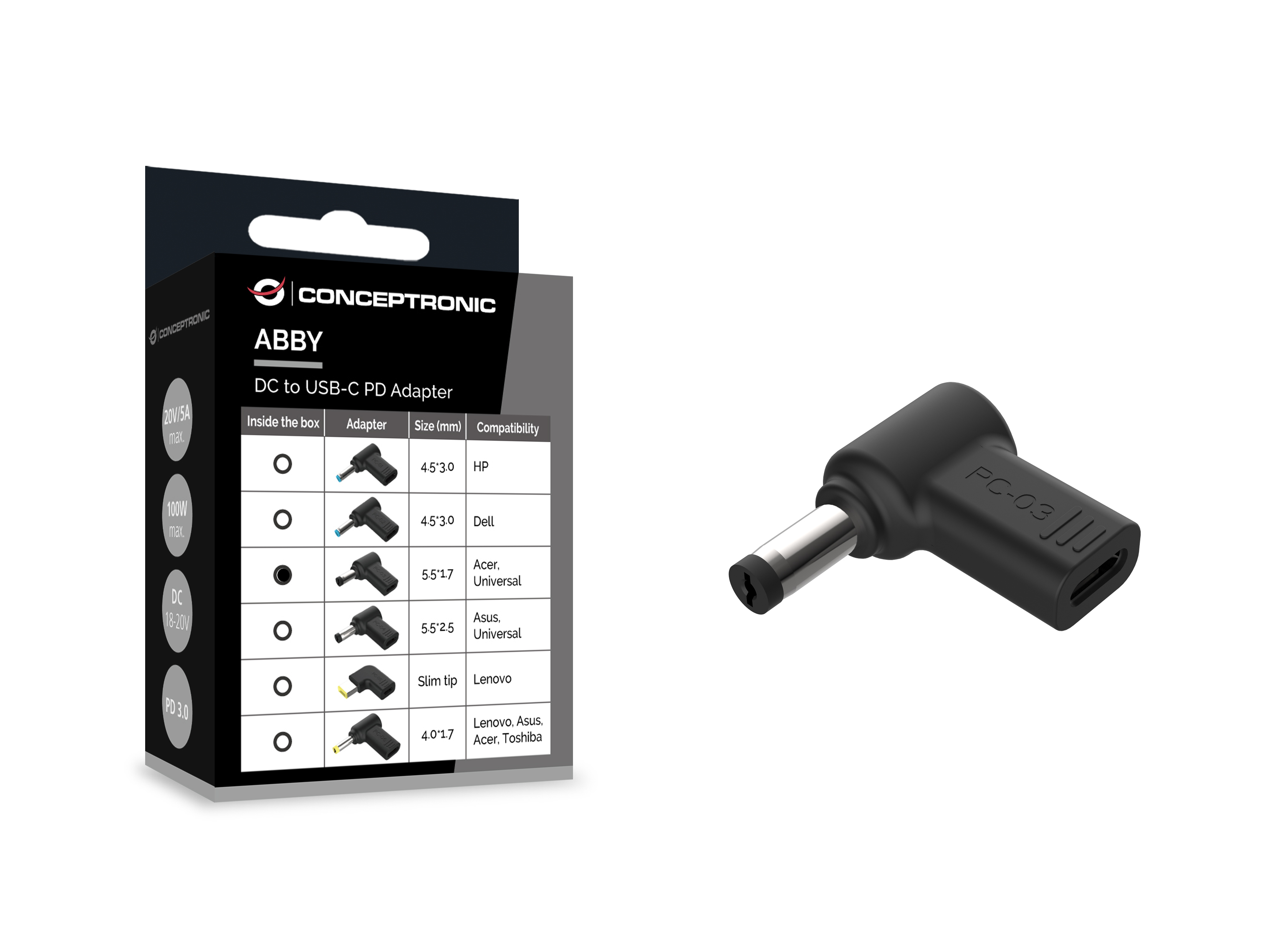 CONCEPTRONIC USB-C PD100W->Acer/Uni.5.5x1.7mm Adap.18-20V sw